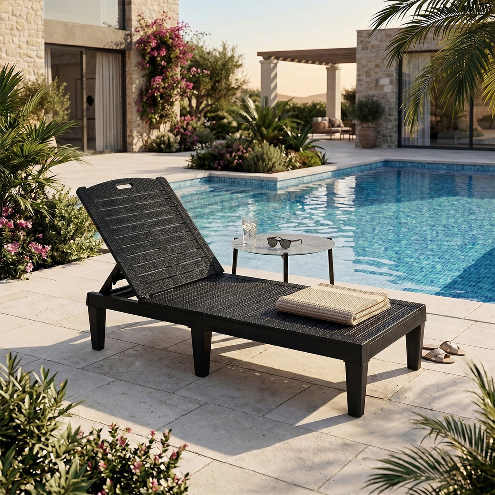 Livsip 3PCS Sun Lounge Set Outdoor Lounger Chair and Table Patio Furniture Black