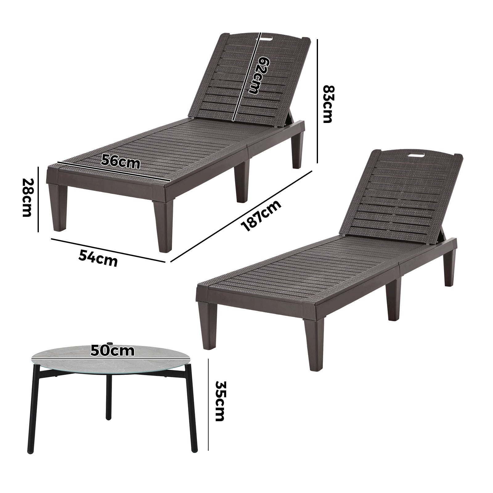 Livsip 3PCS Sun Lounge Set Outdoor Lounger Chair and Table Patio Furniture Brown