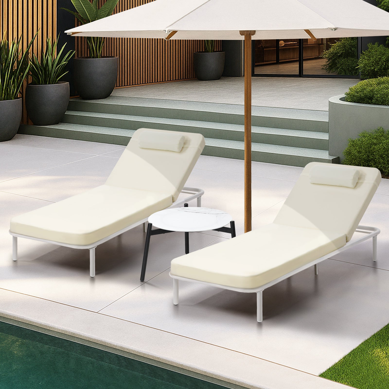 Livsip 3PCS Sun Lounge Outdoor Lounger Set Table Chairs Patio Furniture Beige - Sunyee