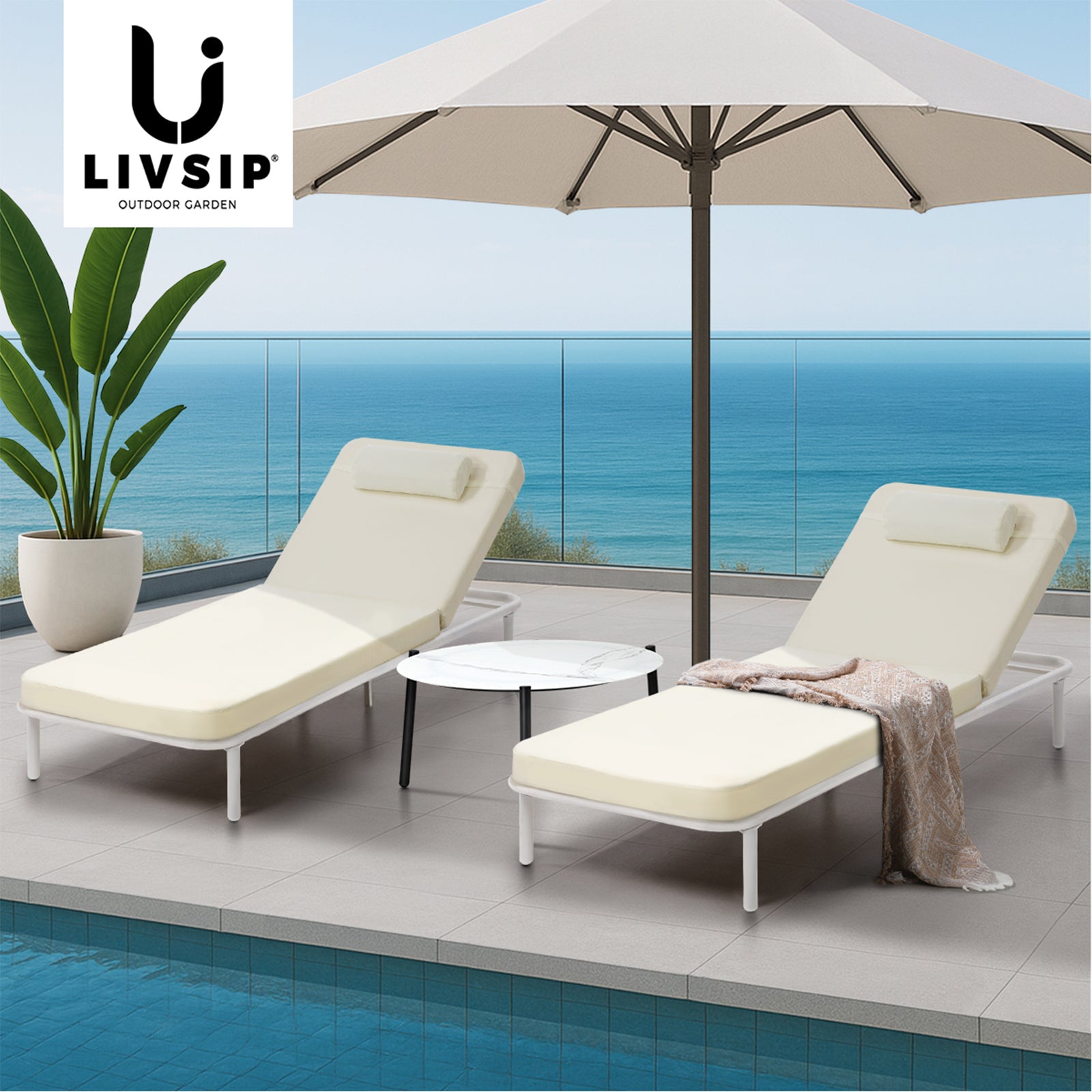 Livsip 3PCS Sun Lounge Outdoor Lounger Set Table Chairs Patio Furniture Beige - Sunyee