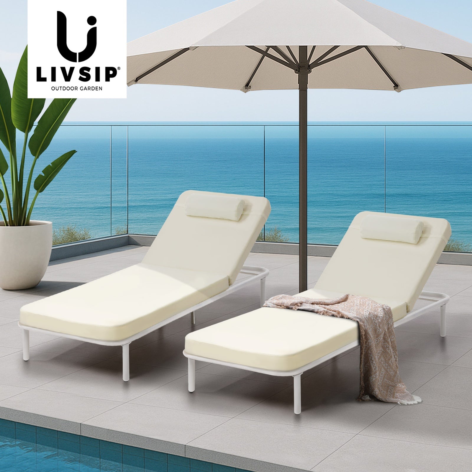 Livsip 2PCS Sun Lounge Outdoor Lounger Day Bed Patio Furniture Setting Beige - Sunyee