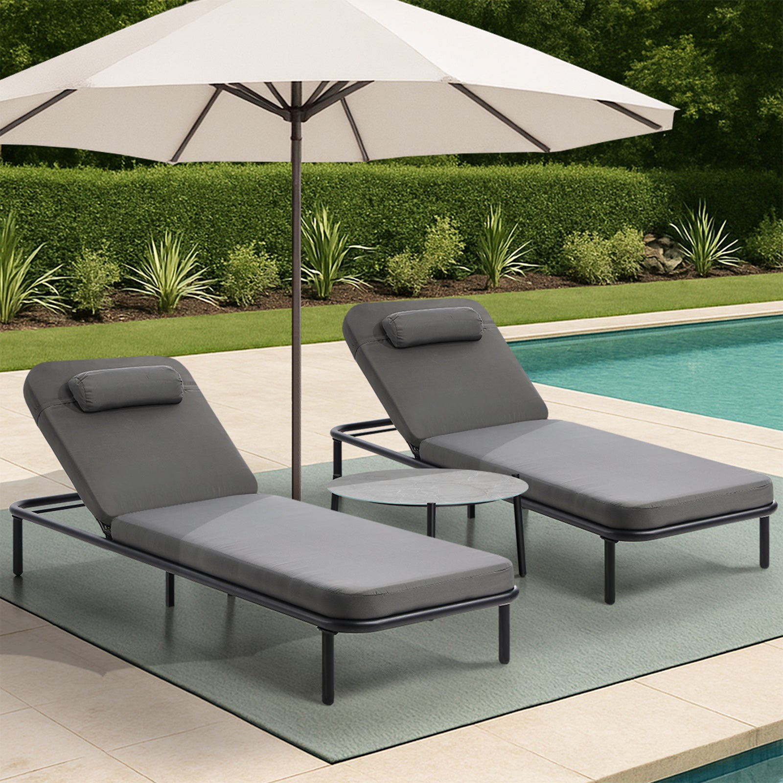 Livsip 3PCS Sun Lounge Outdoor Lounger Set Table Chairs Patio Furniture Grey - Sunyee