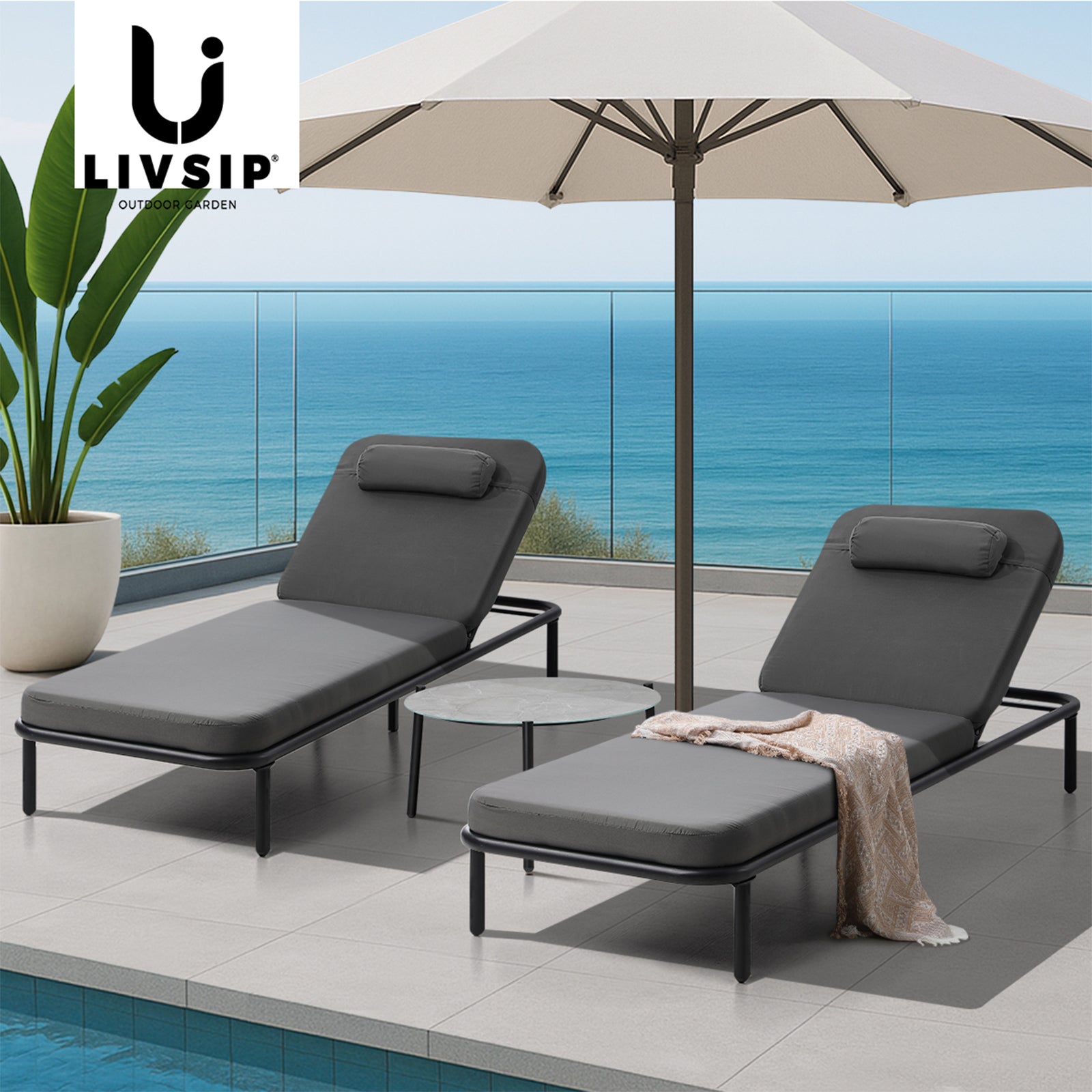 Livsip 3PCS Sun Lounge Outdoor Lounger Set Table Chairs Patio Furniture Grey - Sunyee