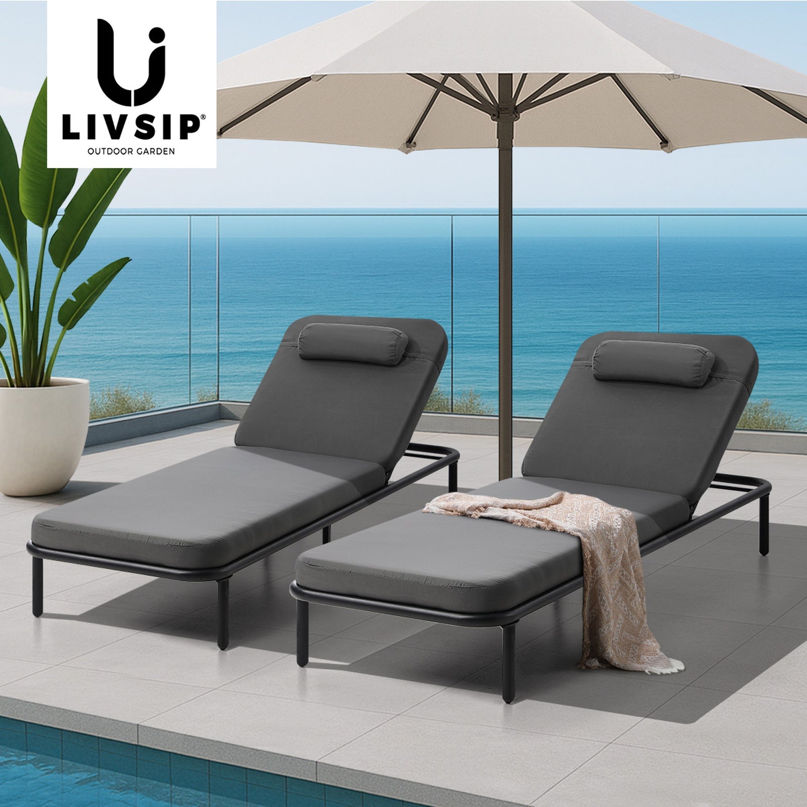 Livsip 2PCS Sun Lounge Outdoor Lounger Day Bed Patio Furniture Setting Grey - Sunyee