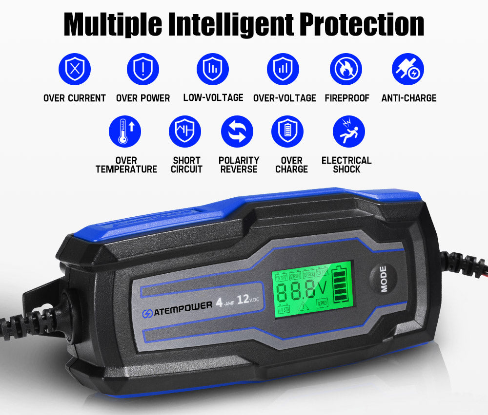 Smart Battery Charger 4A 6V/12V Automatic SLA AGM Car Truck Boat Motorcycle - Sunyee