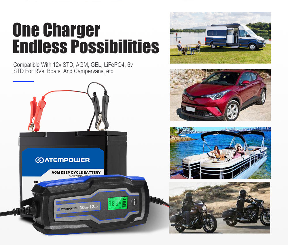 Smart Battery Charger 10A 6V/12V Automatic AGM Car Truck Boat Motorcycle GEL - Sunyee