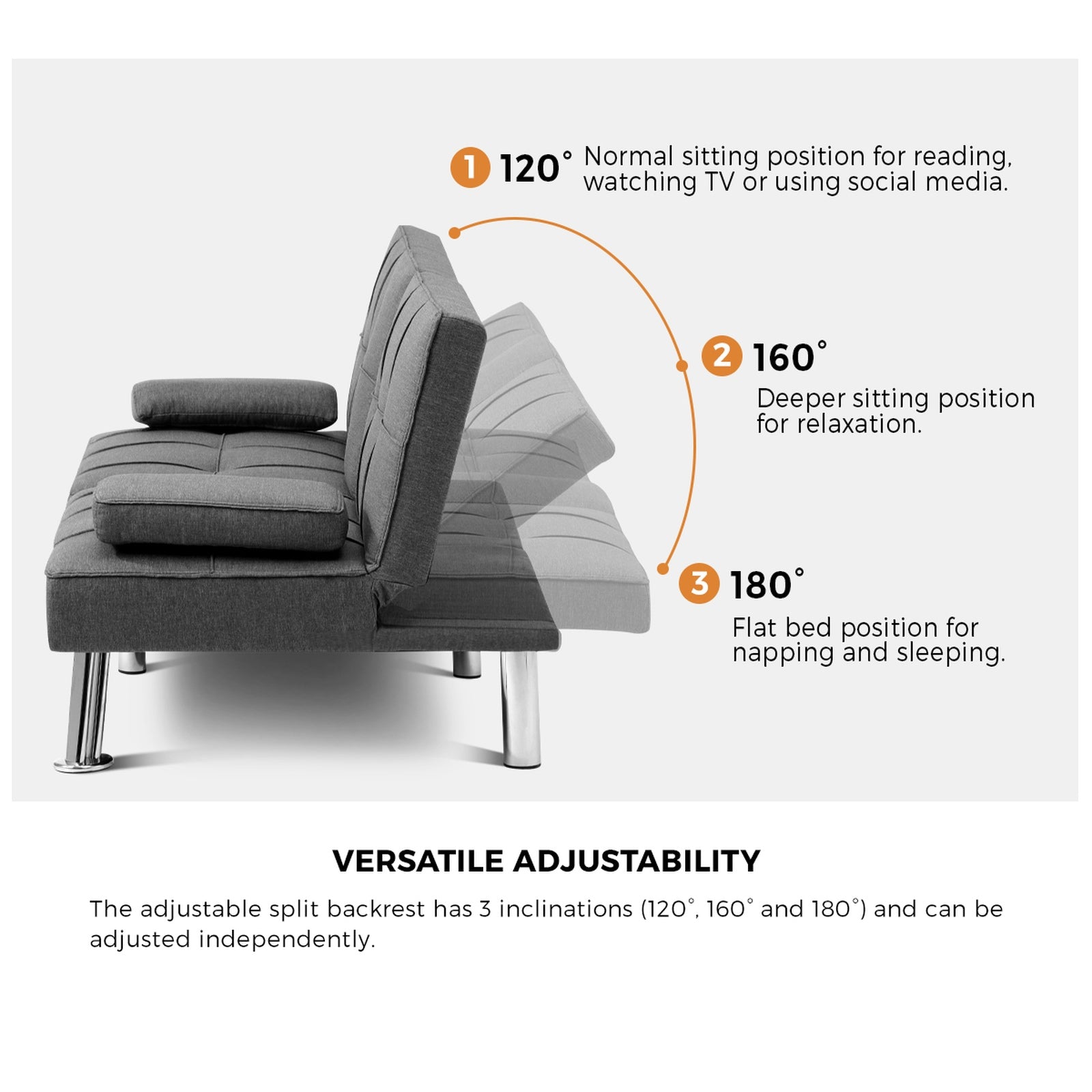 Oikiture Sofa Bed Lounge 3 Seater Futon Couch Beds Recliner Cup Holder Fabric - Sunyee