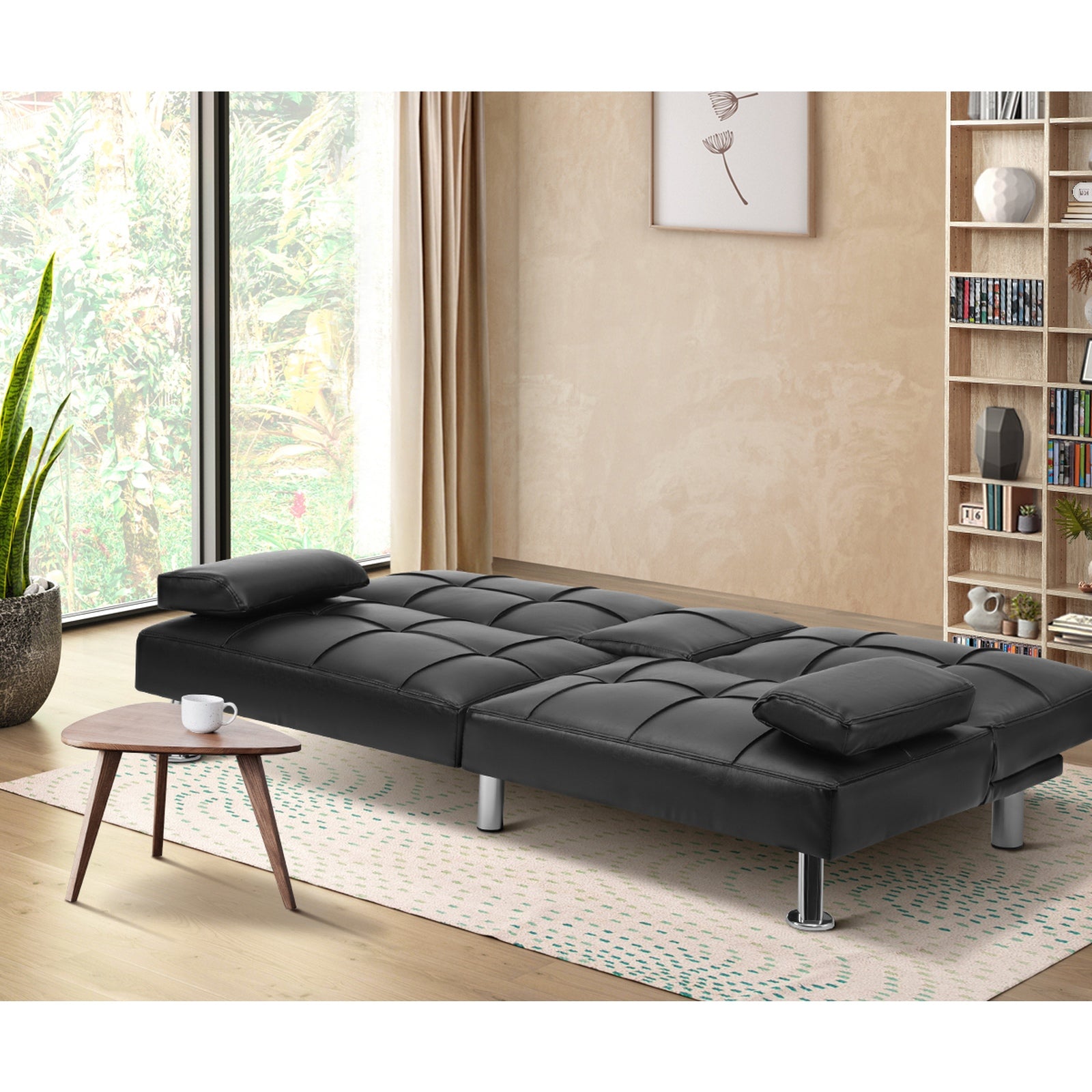 Oikiture Sofa Bed Lounge Leather 3 Seater Futon Couch Beds Sofabeds Cup Holder - Sunyee