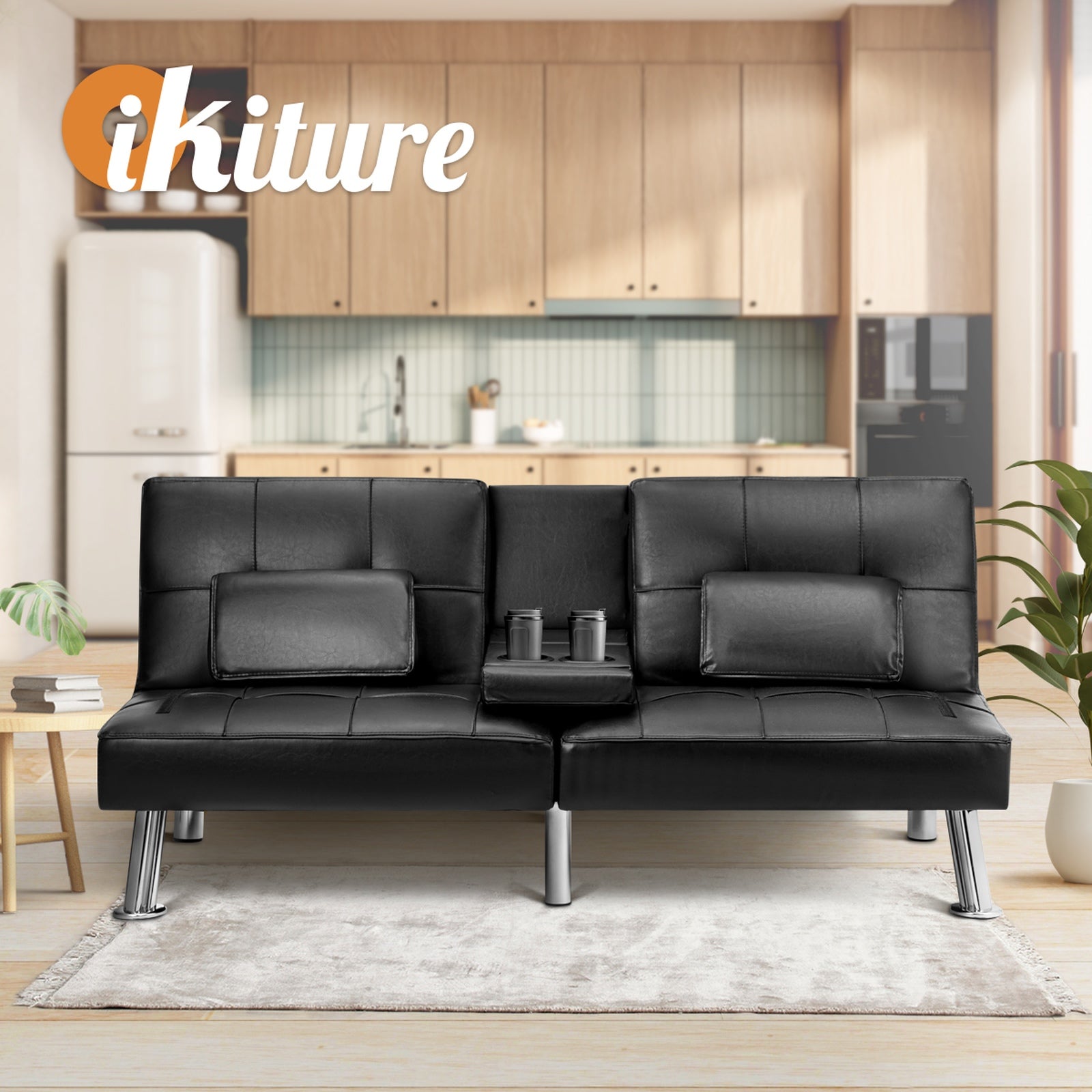 Oikiture Sofa Bed Lounge Leather 3 Seater Futon Couch Beds Sofabeds Cup Holder - Sunyee