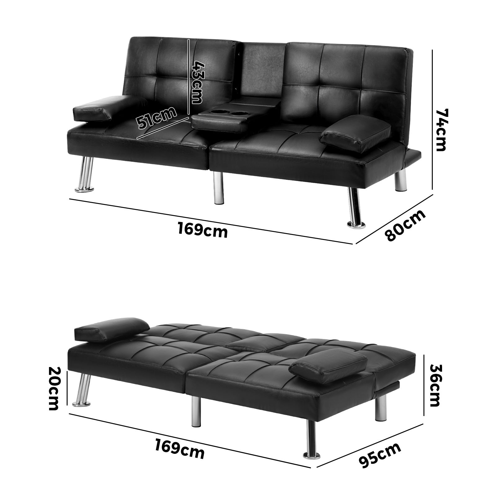 Oikiture Sofa Bed Lounge Leather 3 Seater Futon Couch Beds Sofabeds Cup Holder - Sunyee