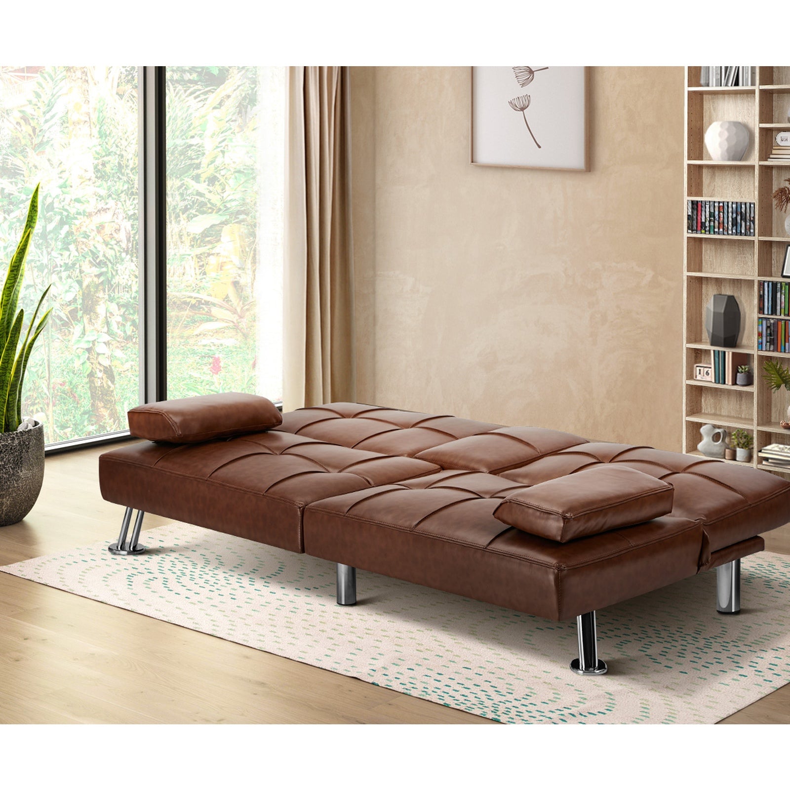 Oikiture Sofa Bed Couch Cup Holders Convertible Guest Sleeper Faux Leather Brown