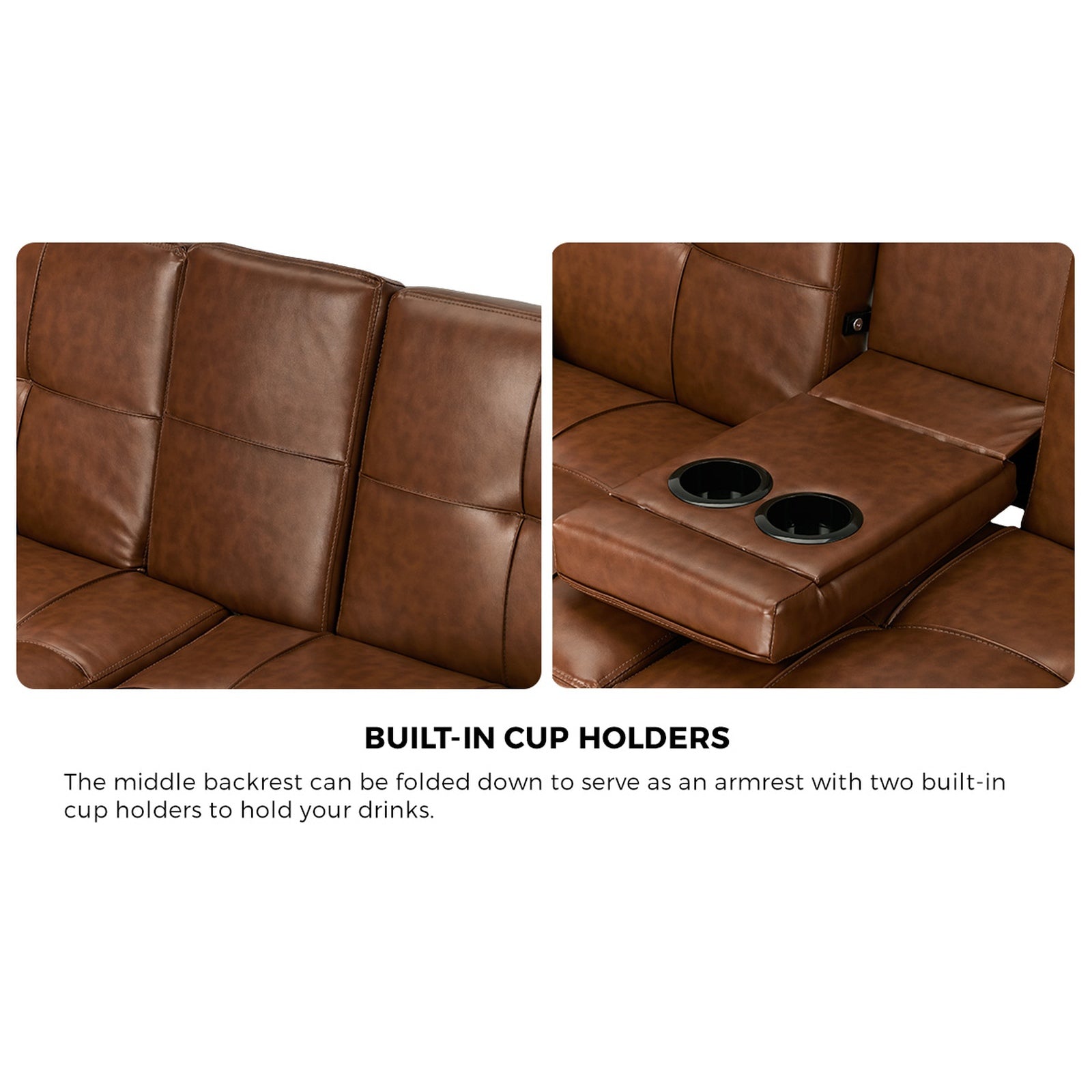 Oikiture Sofa Bed Couch Cup Holders Convertible Guest Sleeper Faux Leather Brown