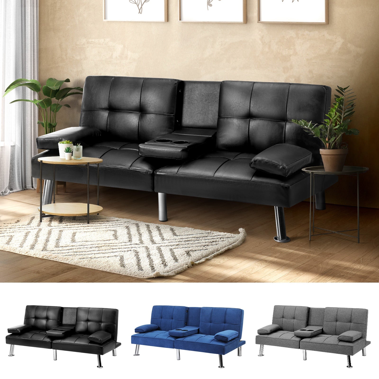 Oikiture Sofa Bed Lounge 3 Seater Futon Couch Recliner Cup Holder Sofabed Seat - Sunyee