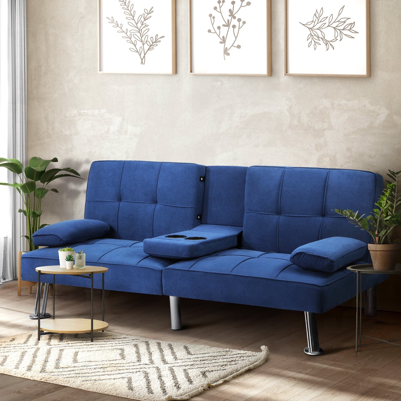 Oikiture Sofa Bed Lounge 3 Seater Couch Recliner Sofabeds Cup Holder Velvet Blue - Sunyee