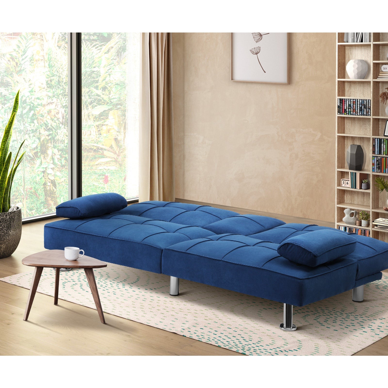 Oikiture Sofa Bed Lounge 3 Seater Couch Recliner Sofabeds Cup Holder Velvet Blue - Sunyee
