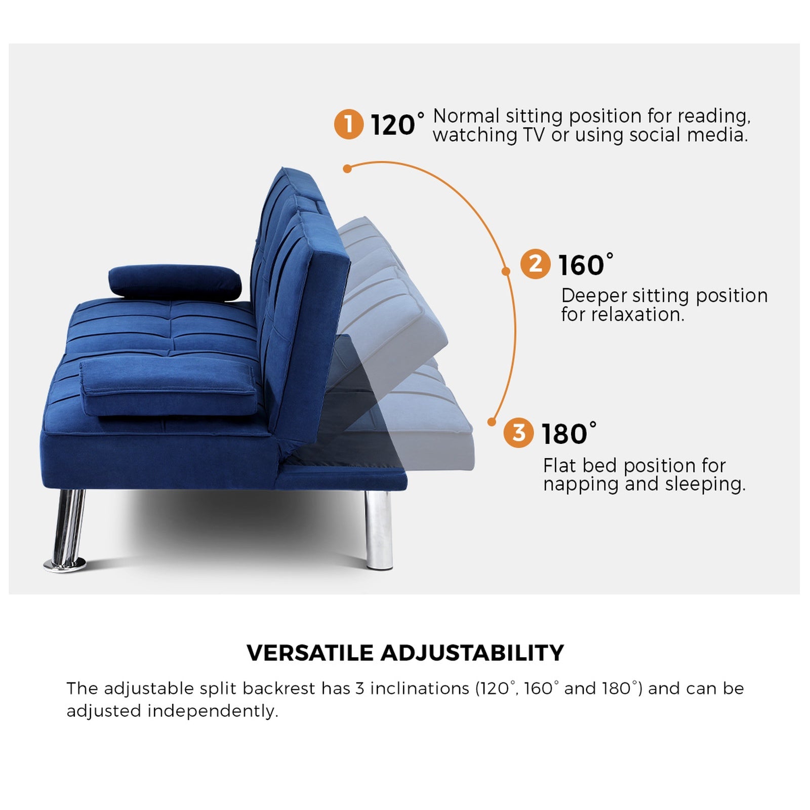Oikiture Sofa Bed Lounge 3 Seater Couch Recliner Sofabeds Cup Holder Velvet Blue - Sunyee