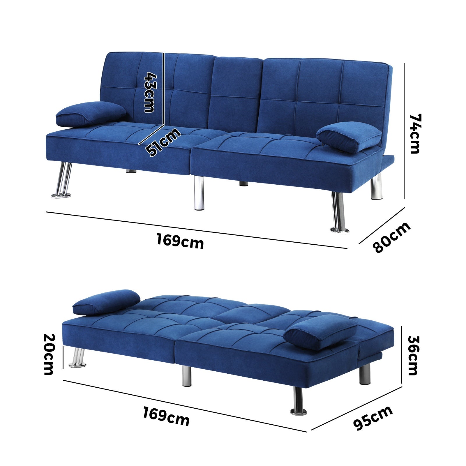Oikiture Sofa Bed Lounge 3 Seater Couch Recliner Sofabeds Cup Holder Velvet Blue - Sunyee