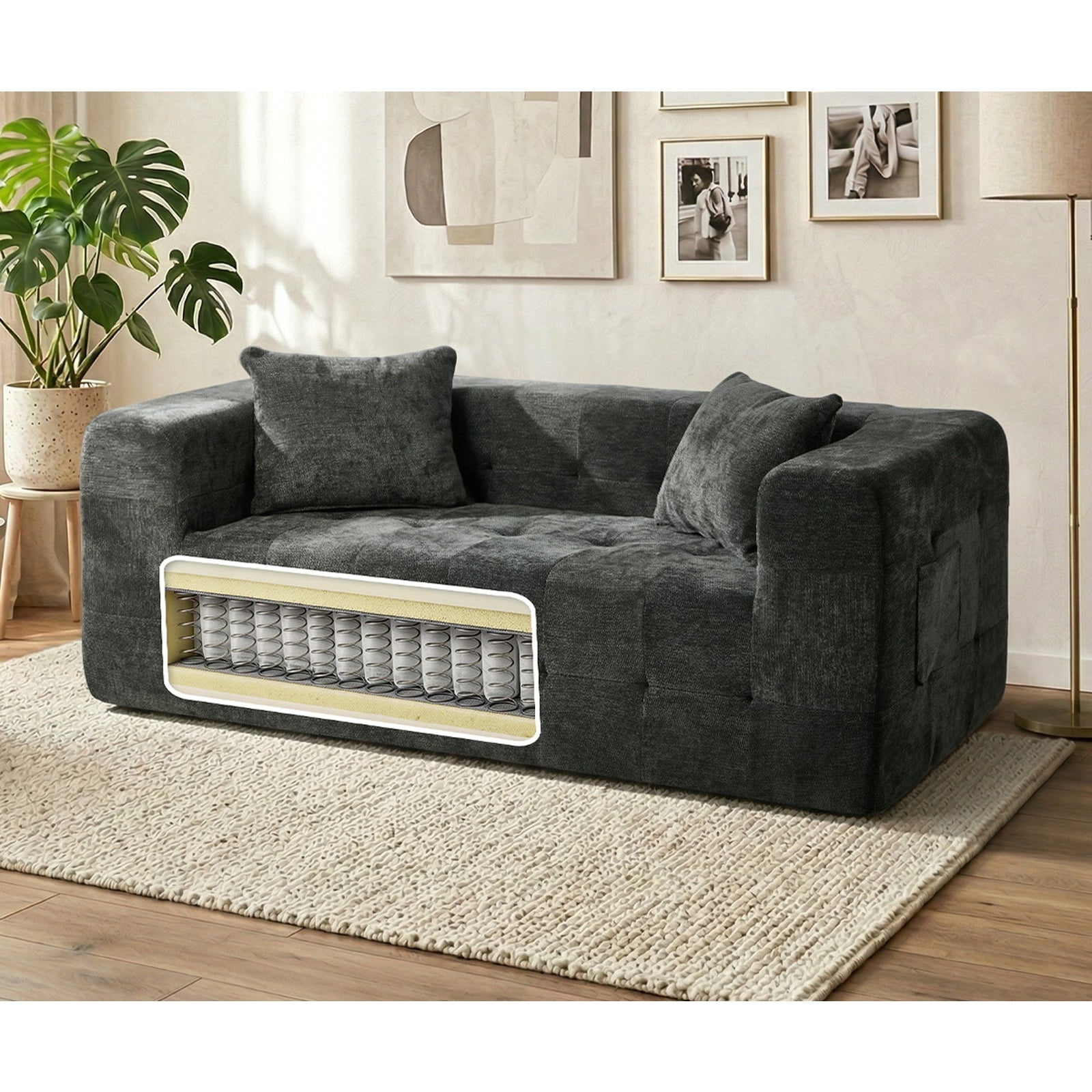 Oikiture Compressed Sofa in a Box Button Tufting Couch Storage Chenille Grey - Sunyee