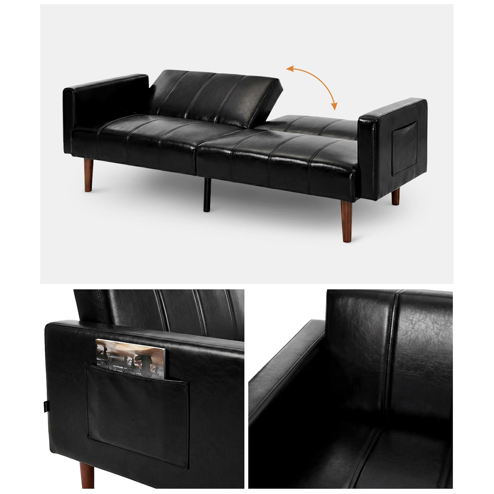 Oikiture 3-Seater Sofa Bed Convertible Lounge Couch Recliner Faux Leather Black - Sunyee