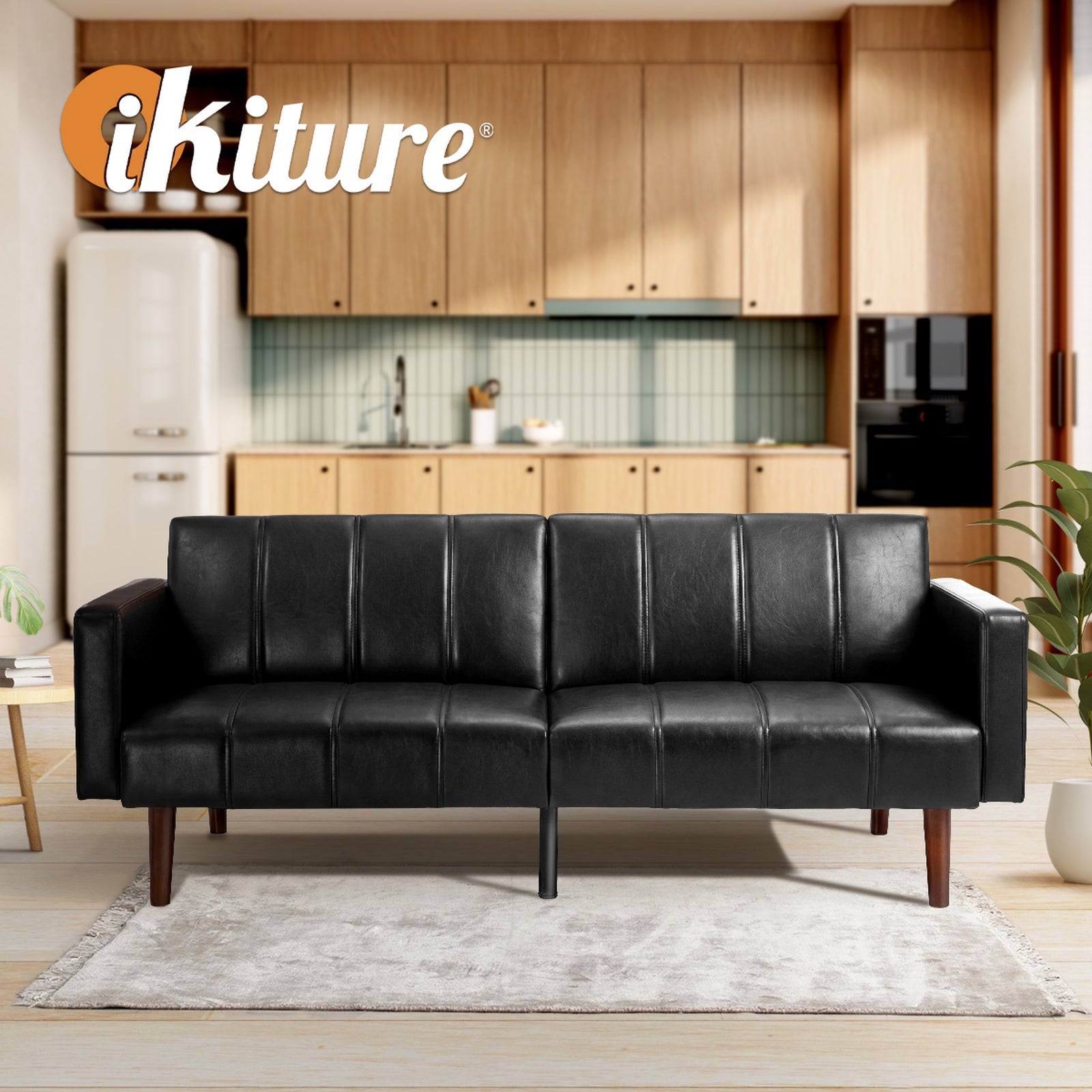 Oikiture 3-Seater Sofa Bed Convertible Lounge Couch Recliner Faux Leather Black - Sunyee