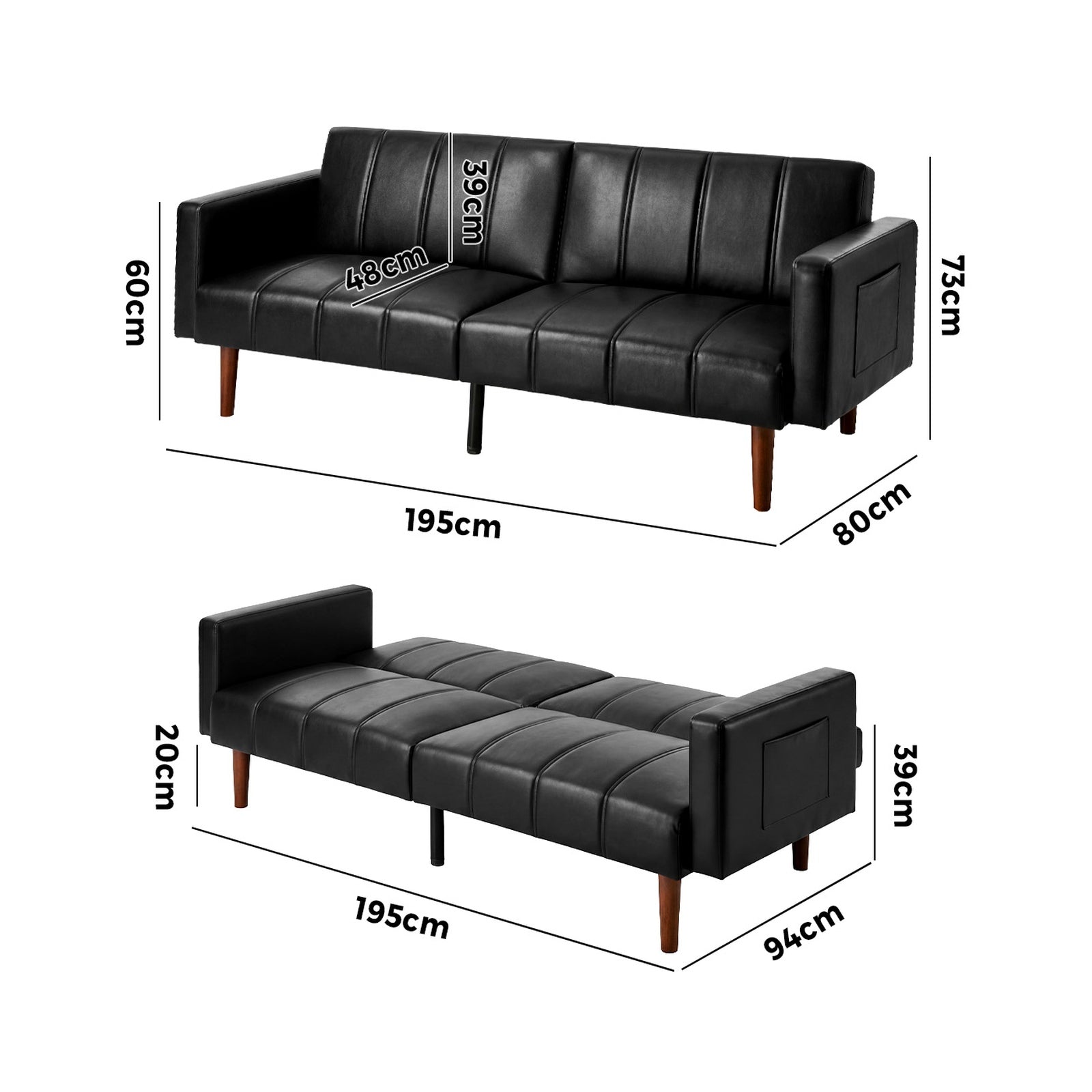 Oikiture 3-Seater Sofa Bed Convertible Lounge Couch Recliner Faux Leather Black - Sunyee