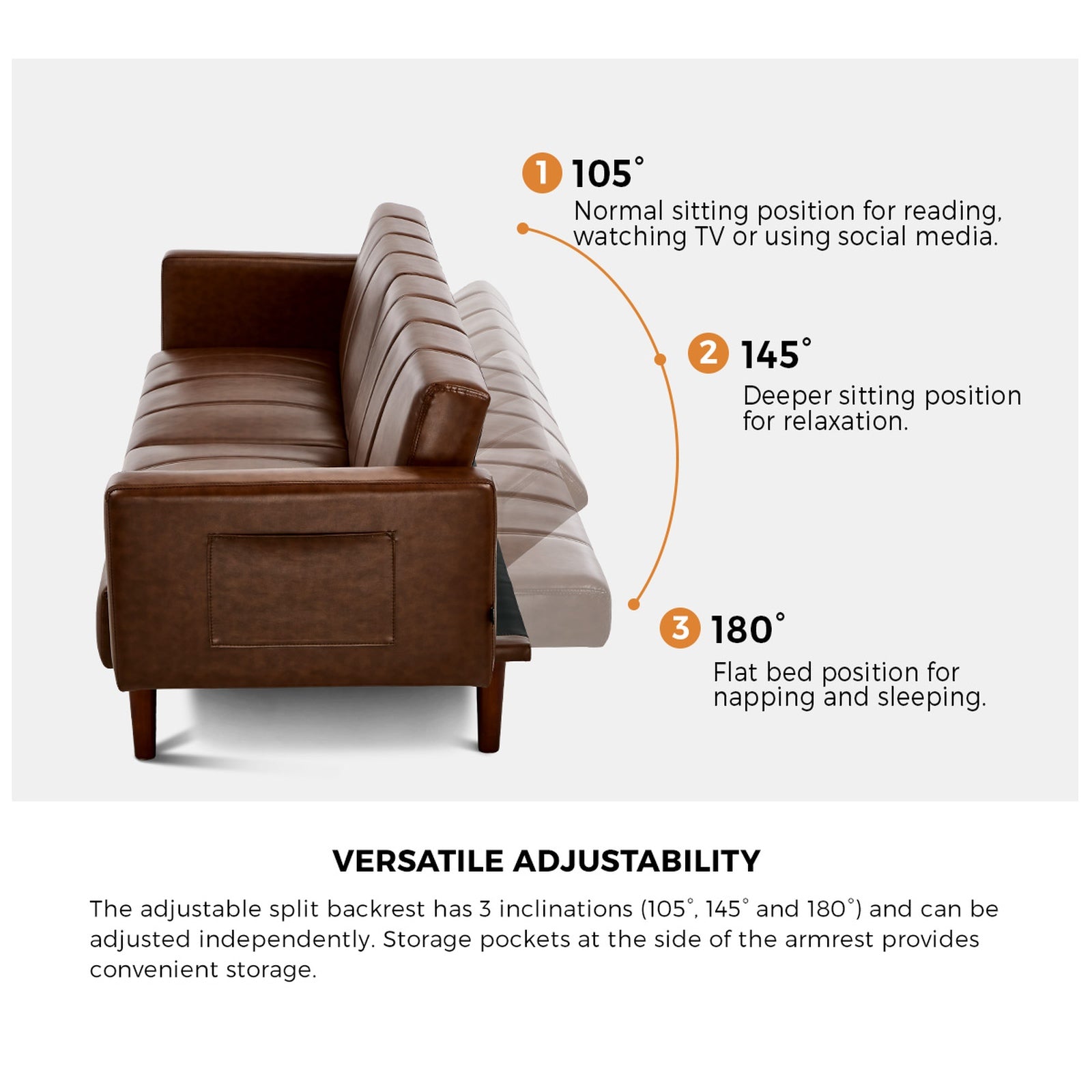 Oikiture 3-Seater Sofa Bed Futon Convertible Lounge Couch Recliner Faux Leather - Sunyee