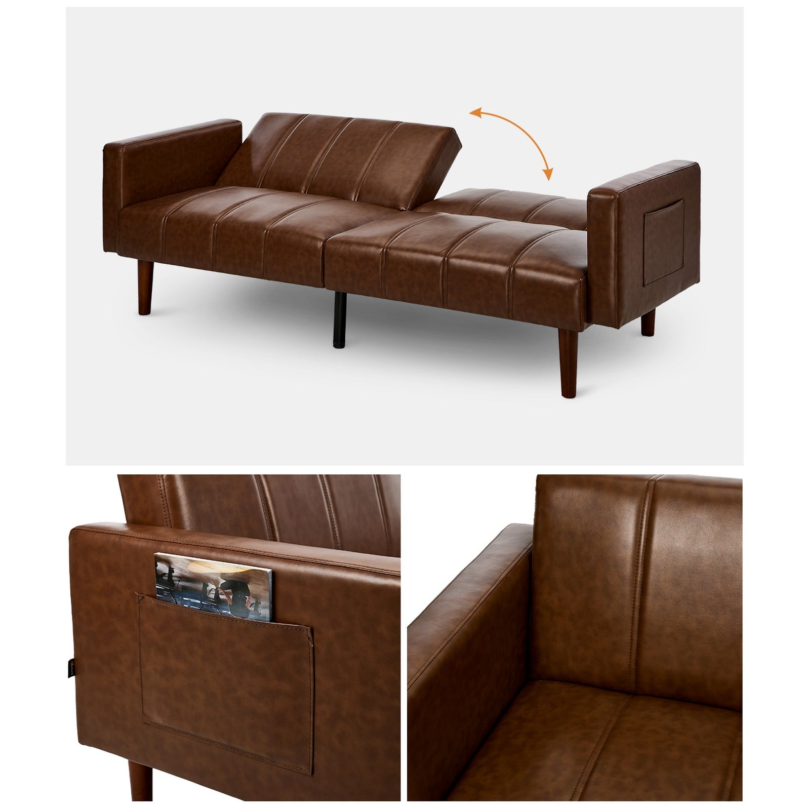 Oikiture 3-Seater Sofa Bed Futon Convertible Lounge Couch Recliner Faux Leather - Sunyee