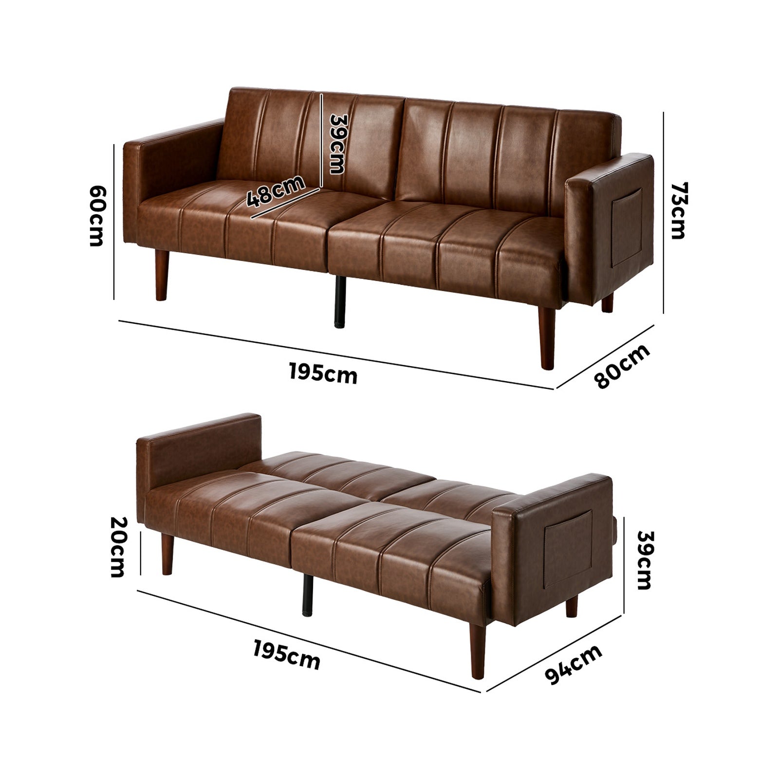 Oikiture 3-Seater Sofa Bed Futon Convertible Lounge Couch Recliner Faux Leather - Sunyee