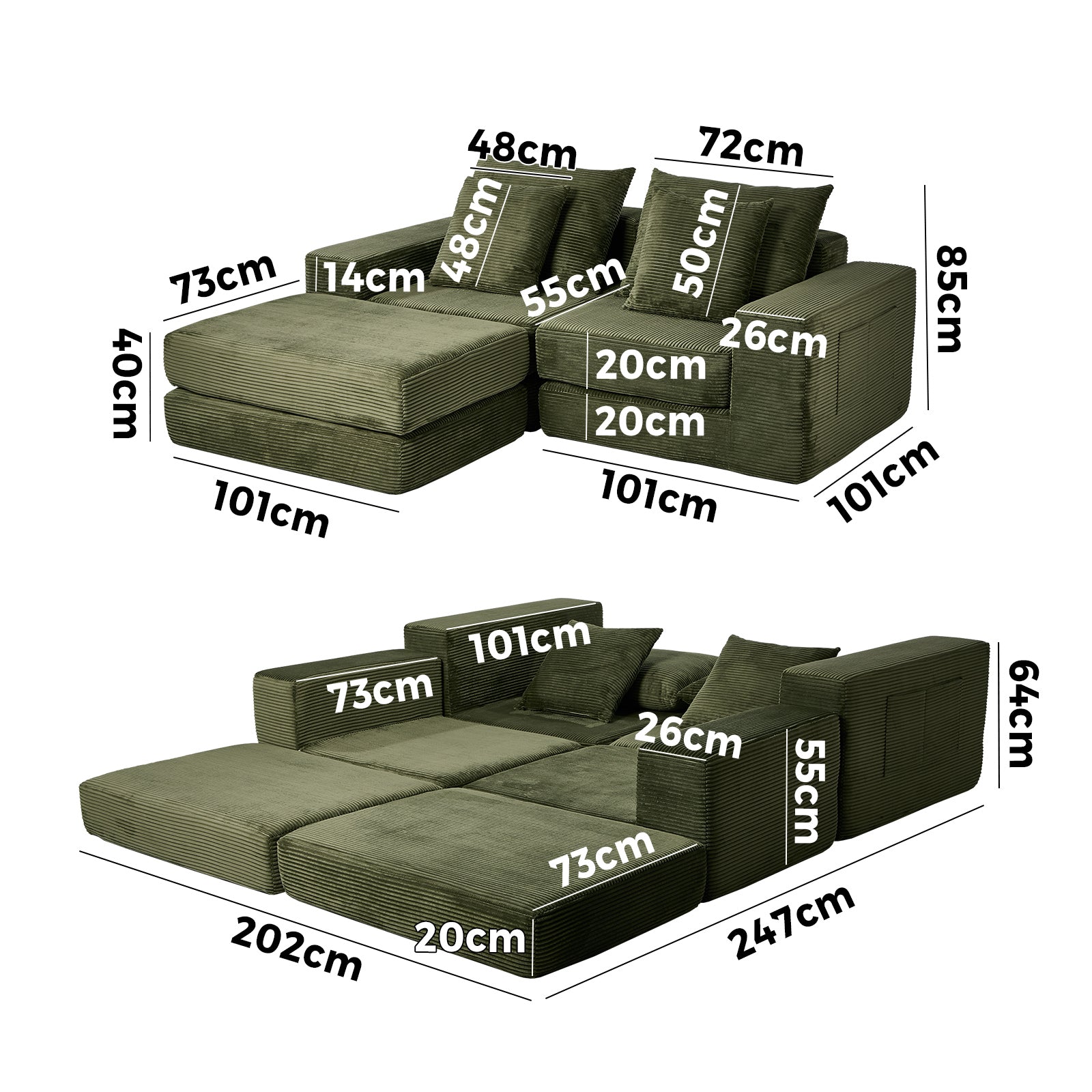 Oikiture Compressed Modular Sofa Multi-Layout Sectional Corduroy Lounge Set - Sunyee
