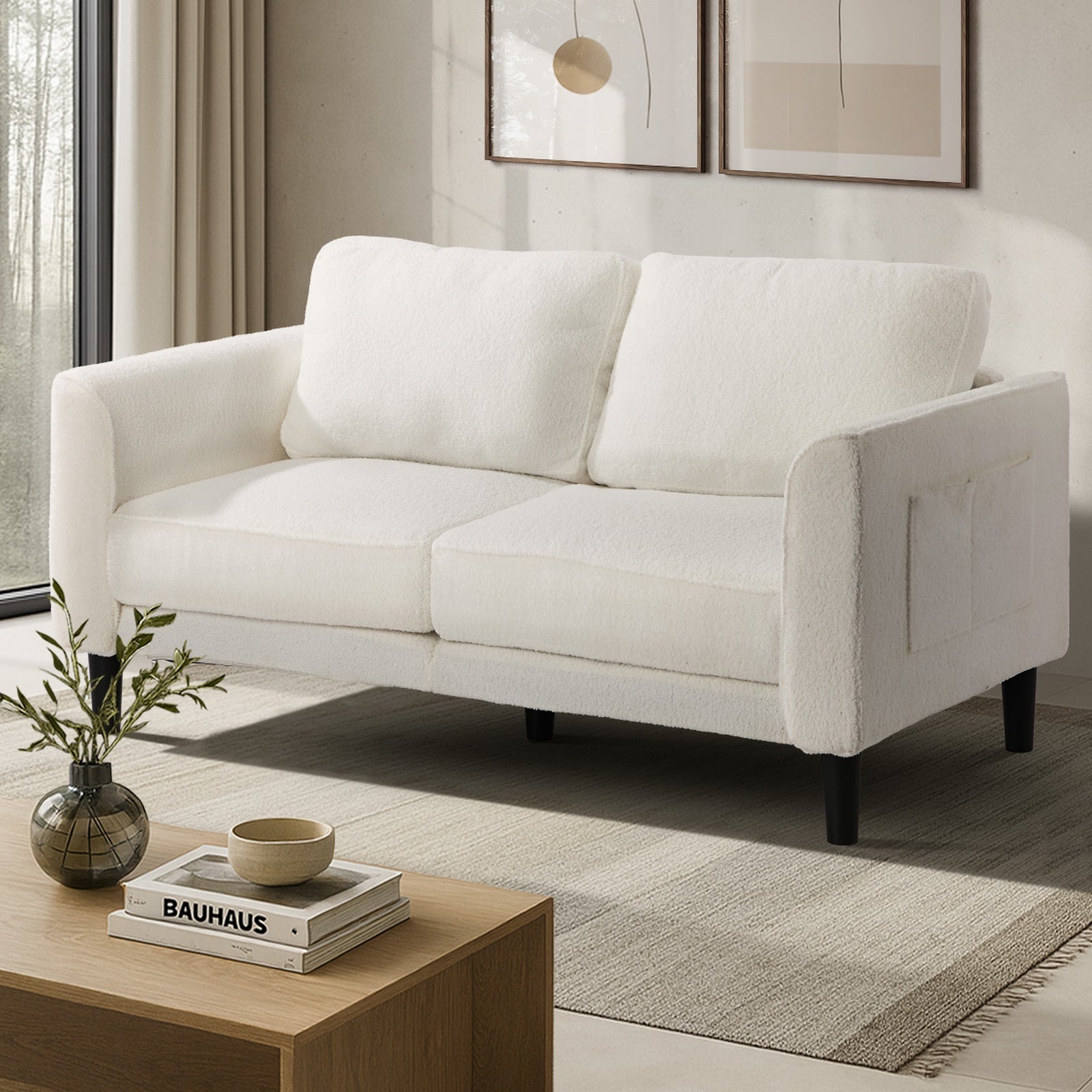 Oikiture 2 Seater Sofa 150cm Boucle Love Seat Small Couch Chair Storage White