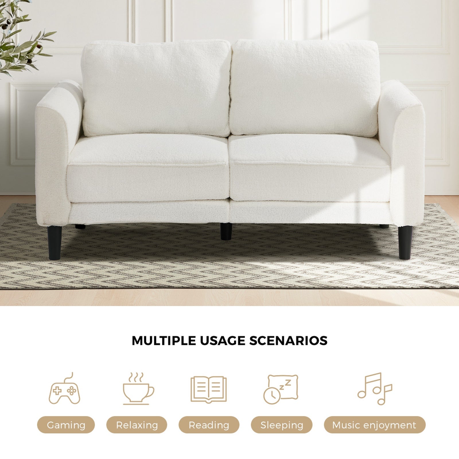 Oikiture 2 Seater Sofa 150cm Boucle Love Seat Small Couch Chair Storage White