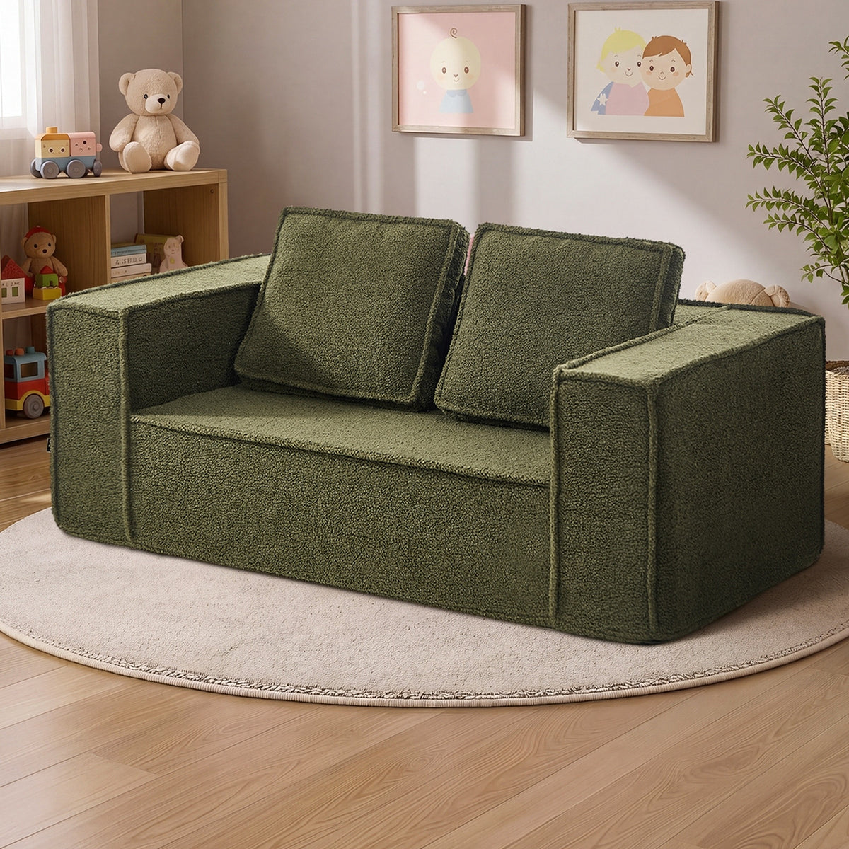 Oikiture 2-Seater Compressed Kids Sofa in a Box Couch Deep Seat Sherpa Green