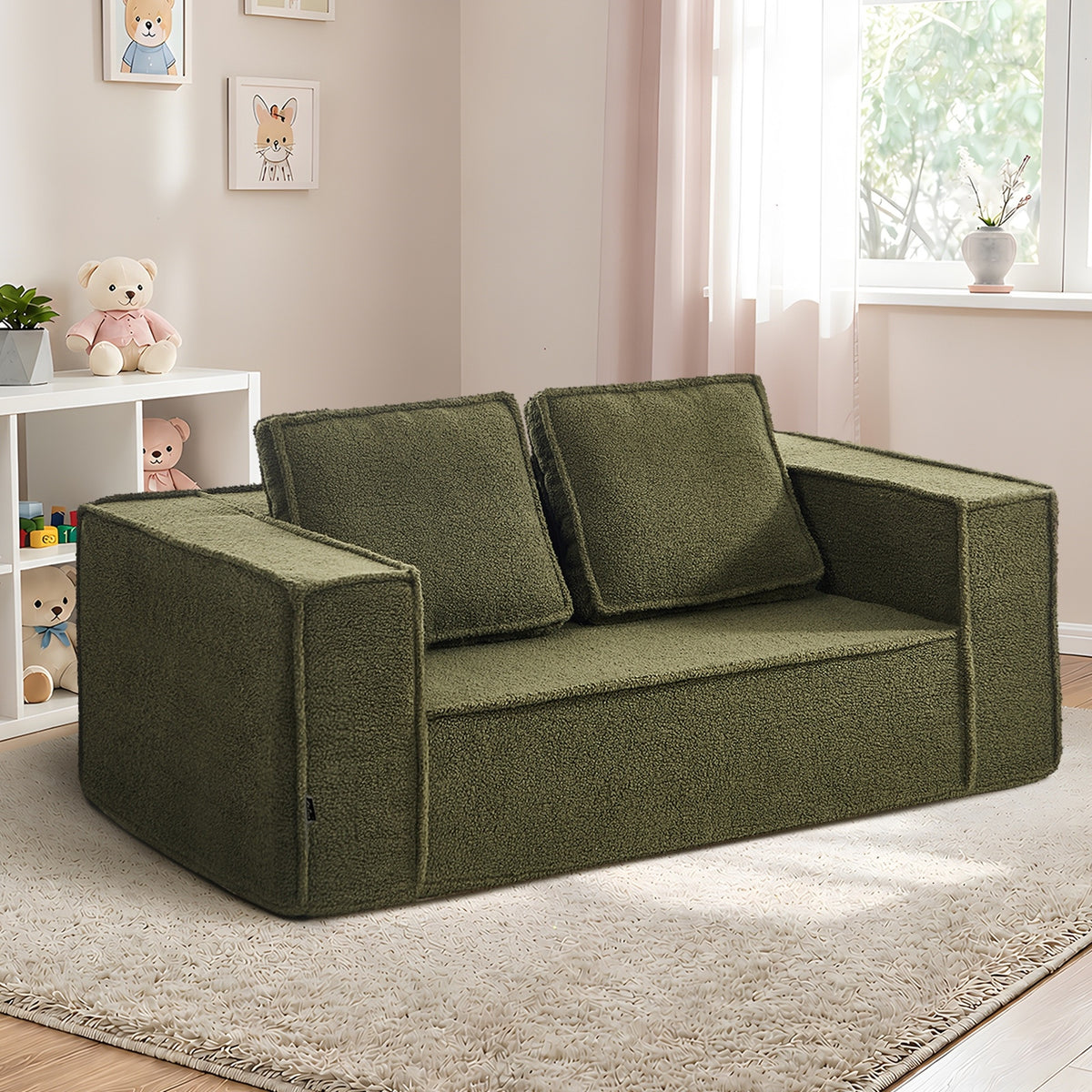 Oikiture 2-Seater Compressed Kids Sofa in a Box Couch Deep Seat Sherpa Green