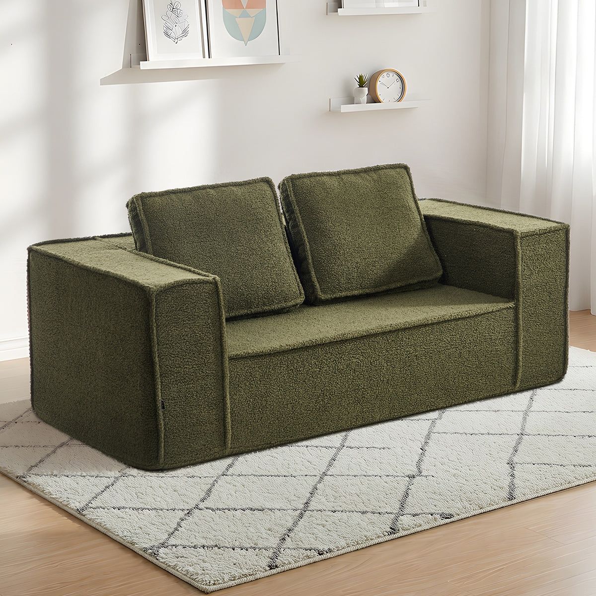 Oikiture 2-Seater Compressed Kids Sofa in a Box Couch Deep Seat Sherpa Green