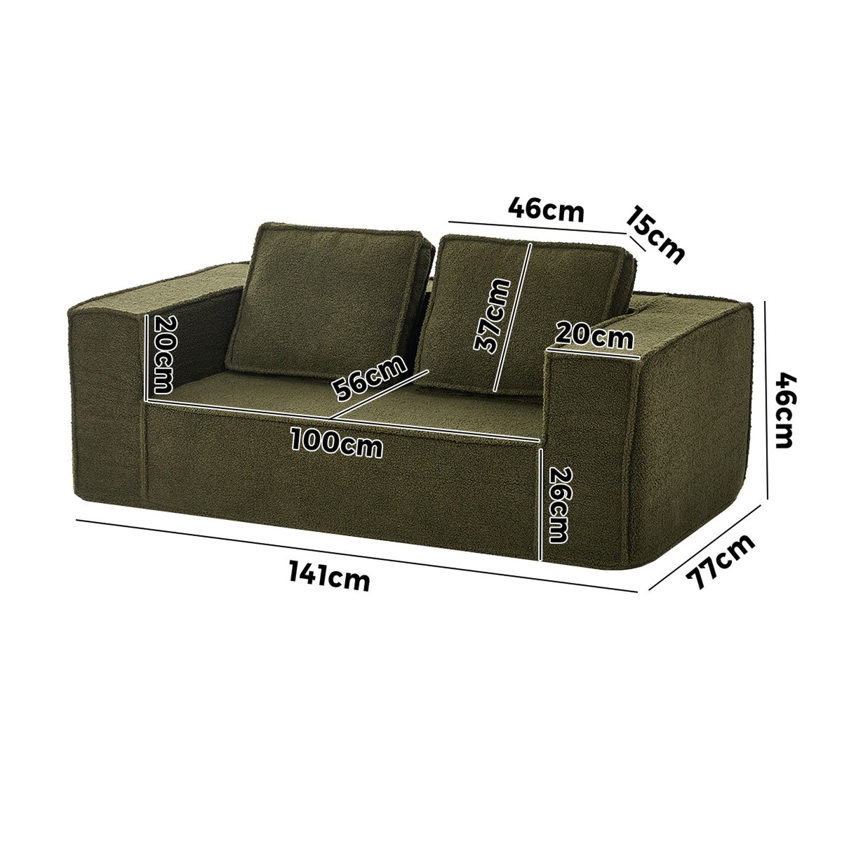 Oikiture 2-Seater Compressed Kids Sofa in a Box Couch Deep Seat Sherpa Green