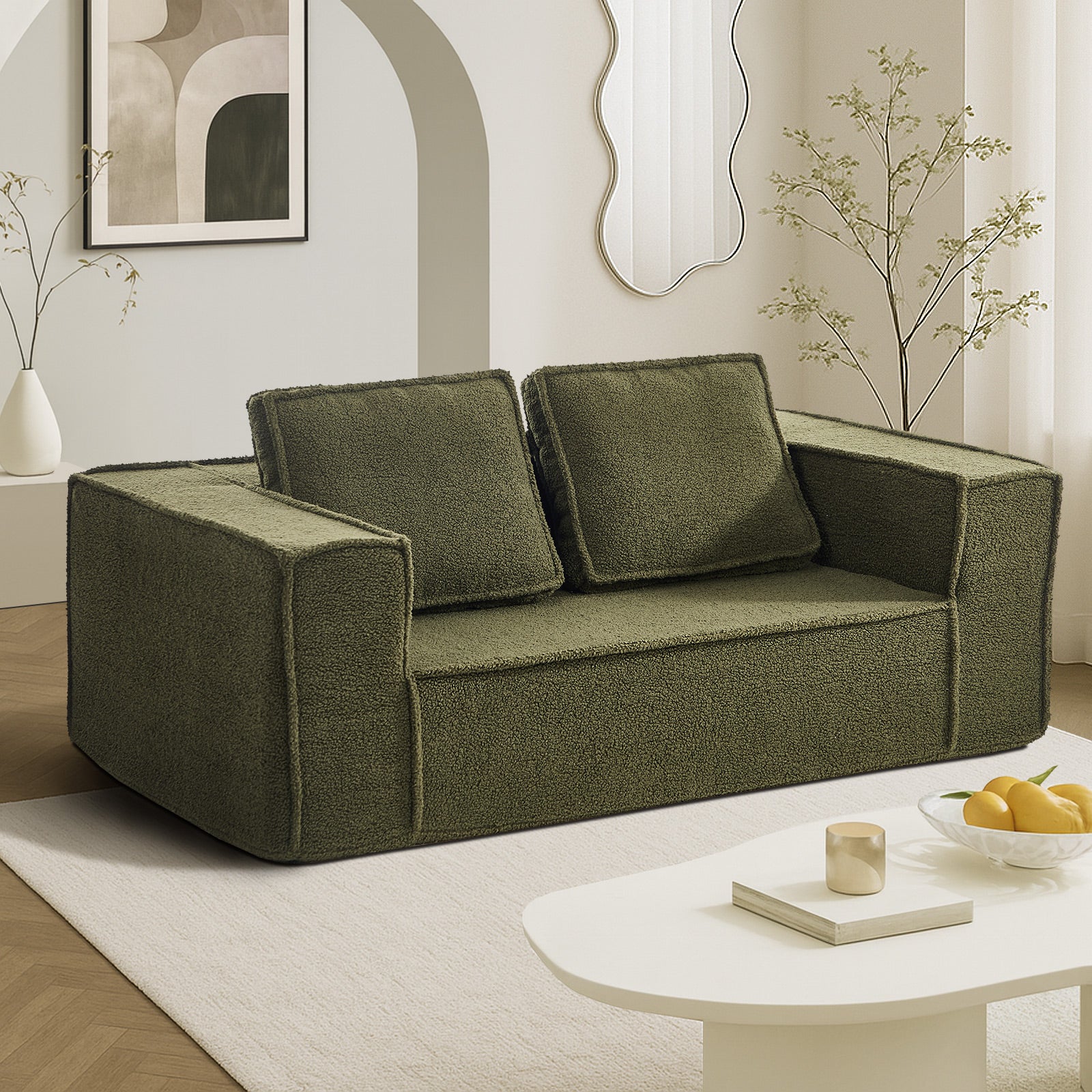 Oikiture 2-Seater Compressed Sofa in a Box Couch Deep Seat Sherpa Green Chair - Sunyee