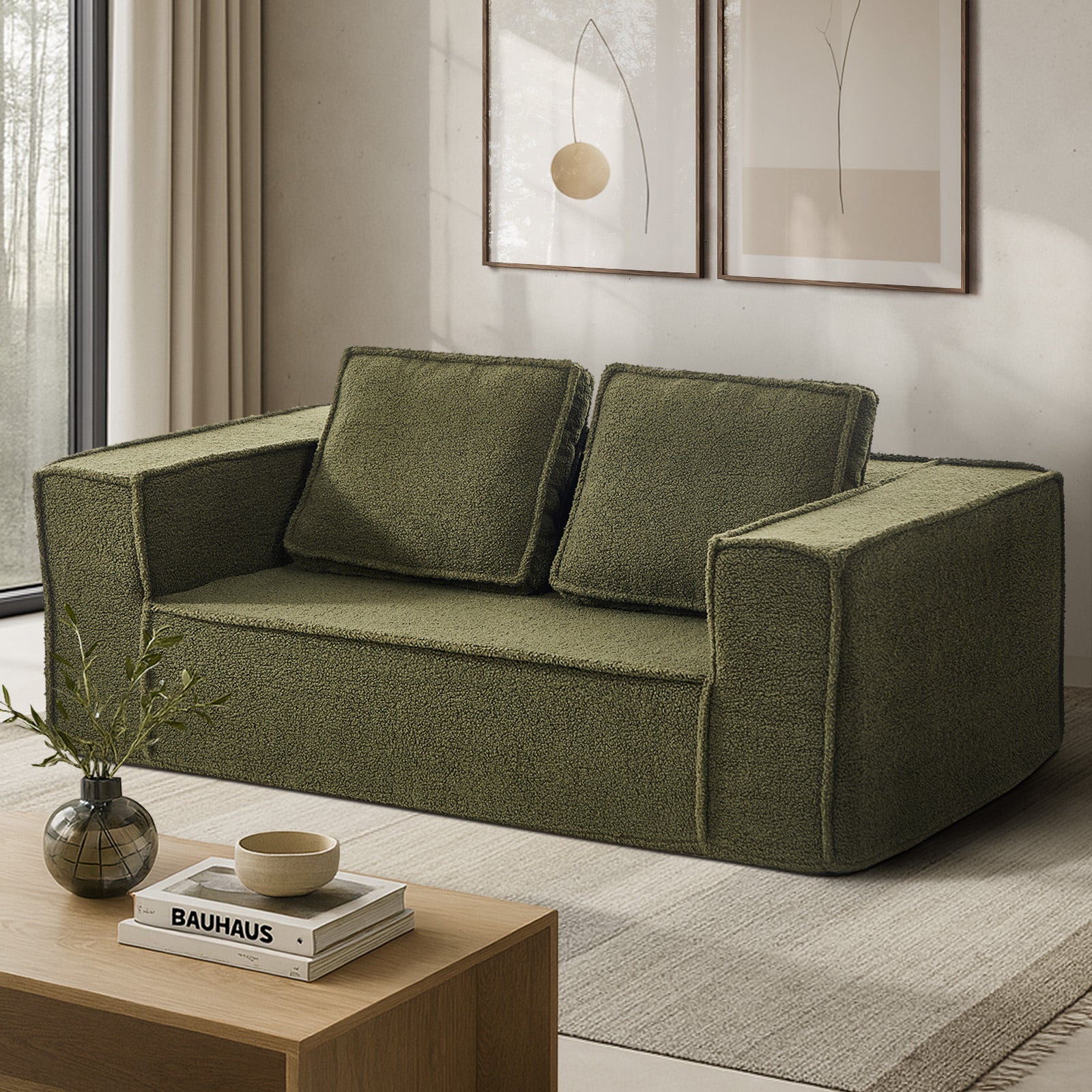 Oikiture 2-Seater Compressed Sofa in a Box Couch Deep Seat Sherpa Green Chair - Sunyee