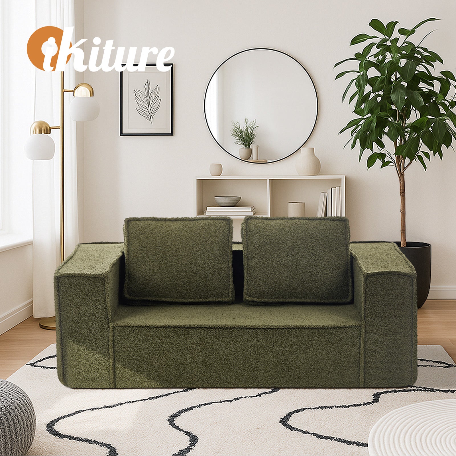 Oikiture 2-Seater Compressed Sofa in a Box Couch Deep Seat Sherpa Green Chair - Sunyee