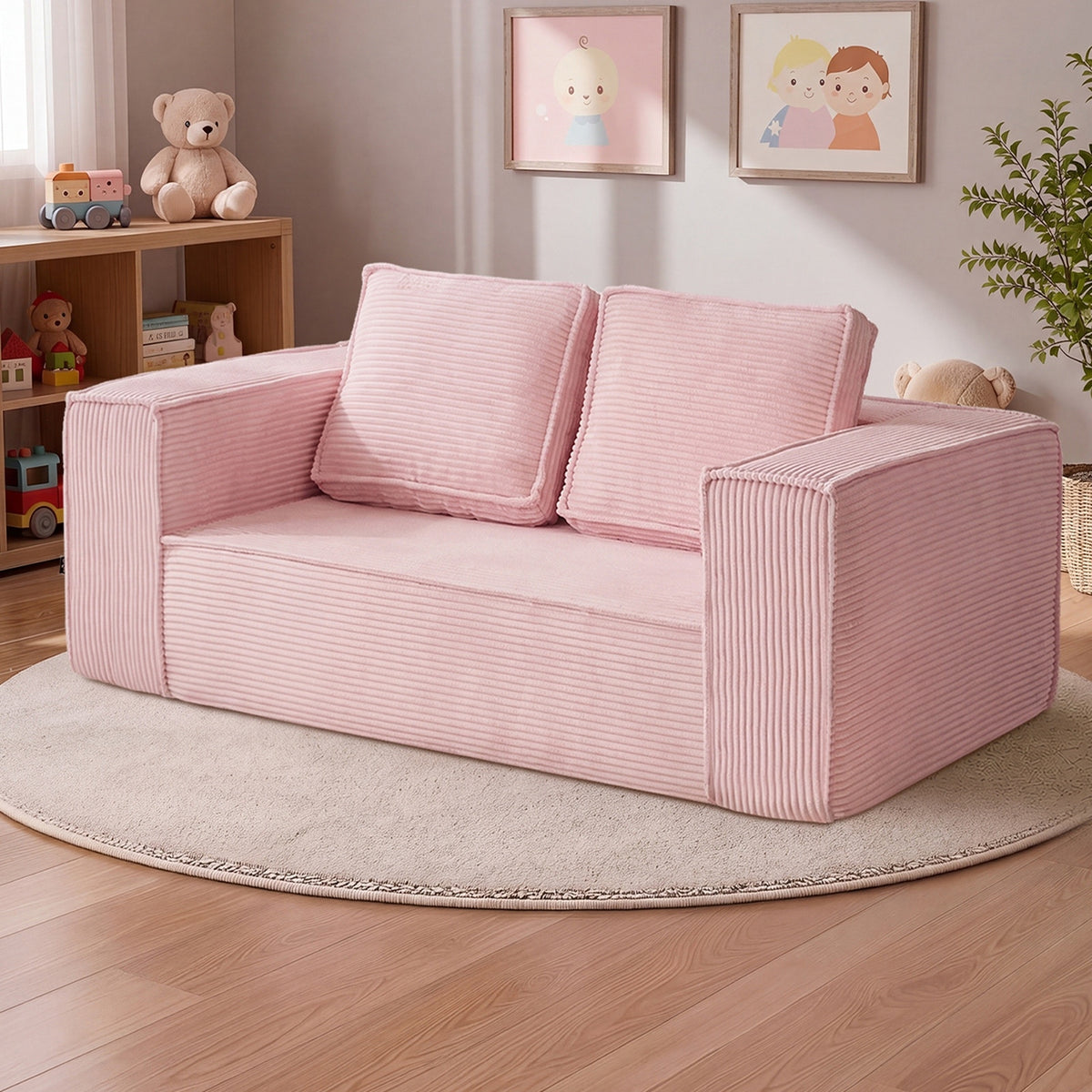 Oikiture Compressed Foam Kids Sofa 2 Seater Pets Pink Couch Chair Corduroy