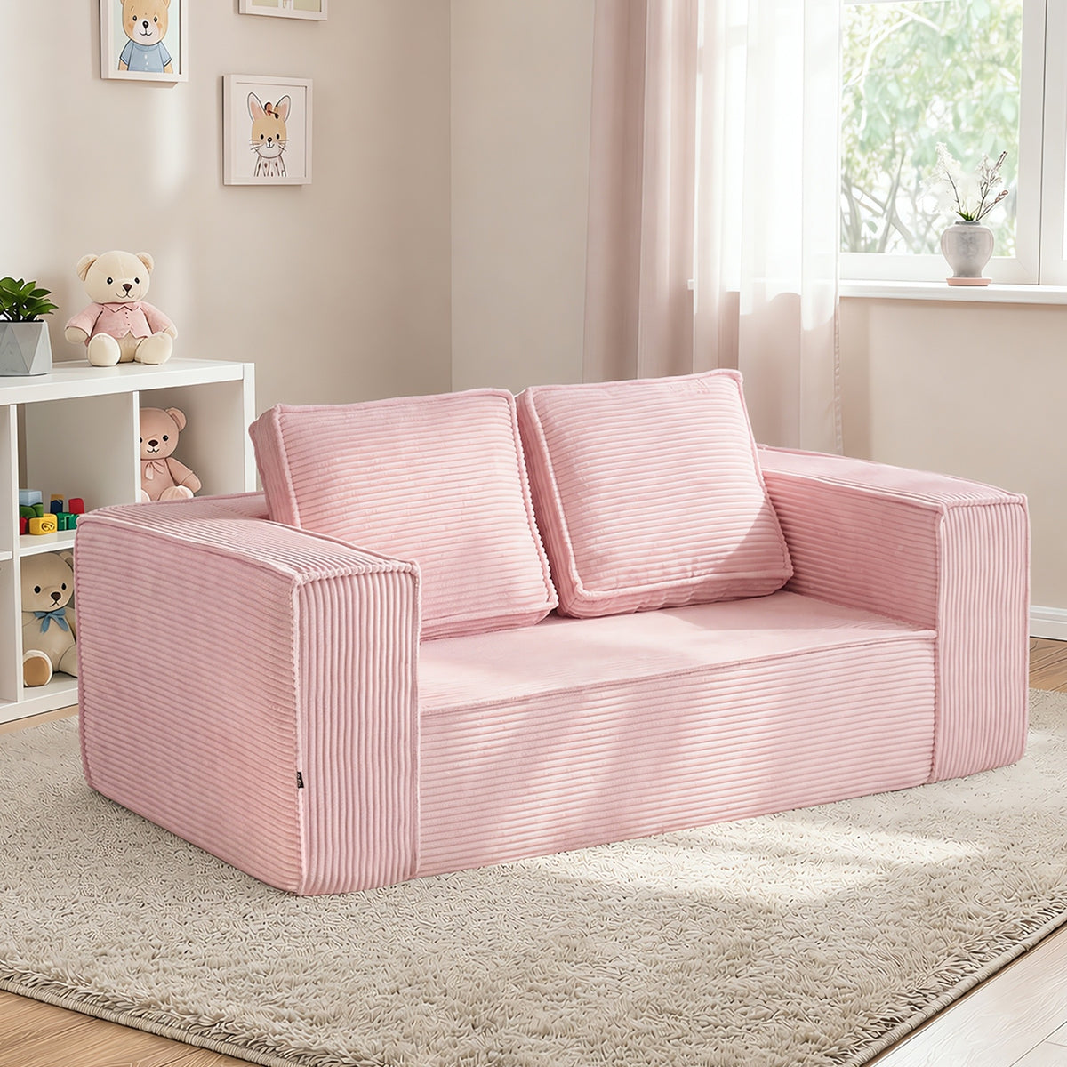 Oikiture Compressed Foam Kids Sofa 2 Seater Pets Pink Couch Chair Corduroy