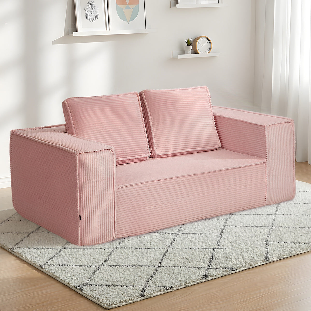 Oikiture Compressed Foam Kids Sofa 2 Seater Pets Pink Couch Chair Corduroy