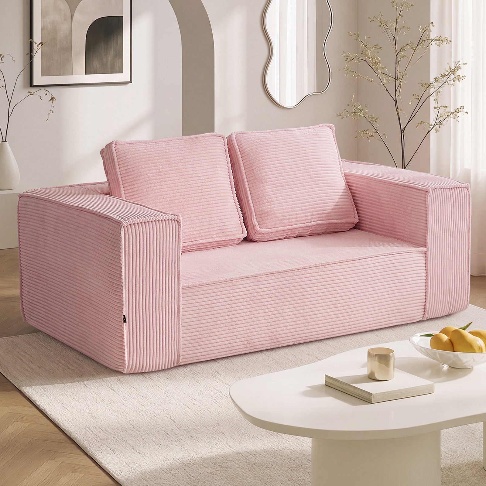 Oikiture Compressed Foam Sofa 2 Seater Pink Couch Chair Corduroy Loveseat