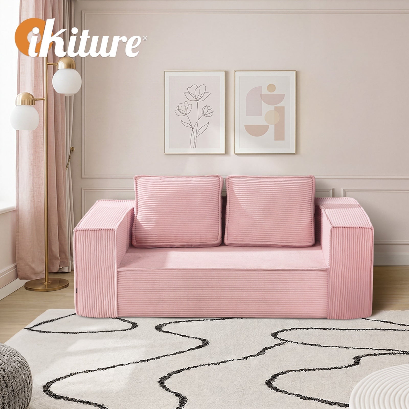 Oikiture Compressed Foam Sofa 2 Seater Pink Couch Chair Corduroy Loveseat