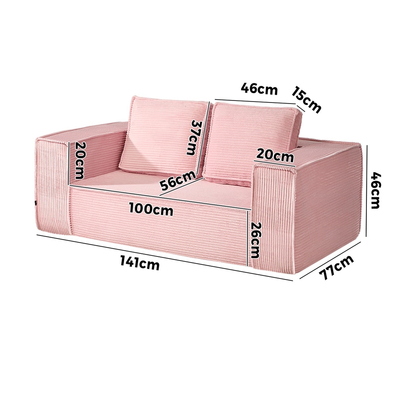 Oikiture Compressed Foam Sofa 2 Seater Pink Couch Chair Corduroy Loveseat
