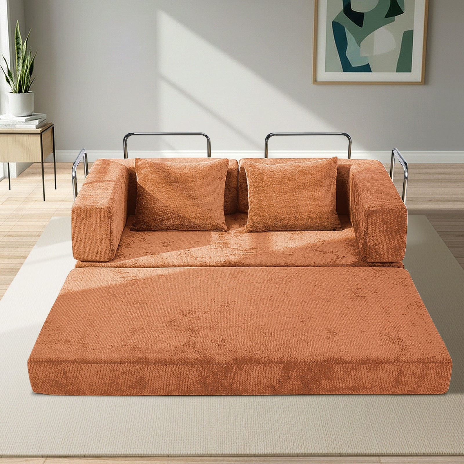 Oikiture Convertible Modular Sofa Bed Chenille Floor Sleeper Couch Burnt Orange
