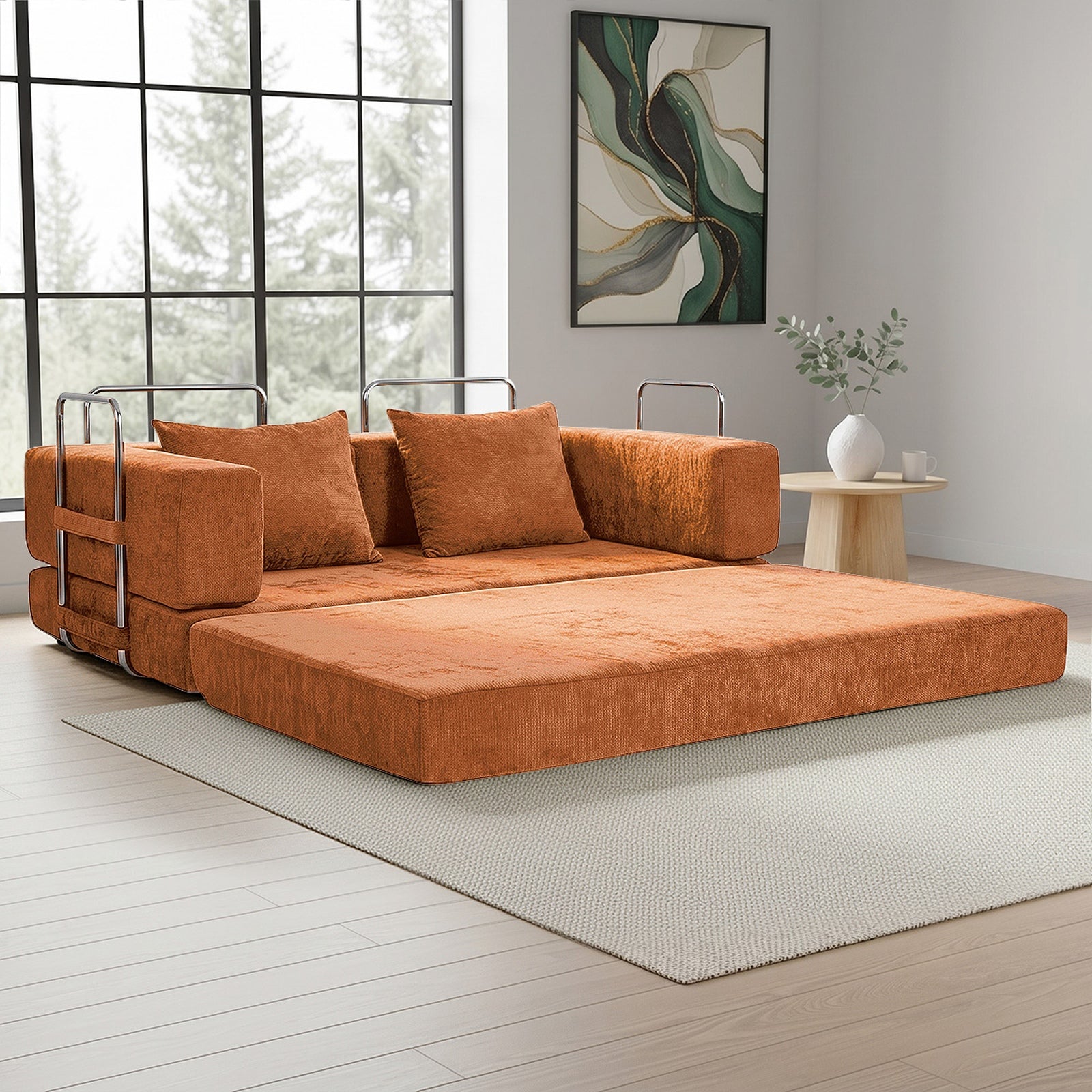 Oikiture Convertible Modular Sofa Bed Chenille Floor Sleeper Couch Burnt Orange
