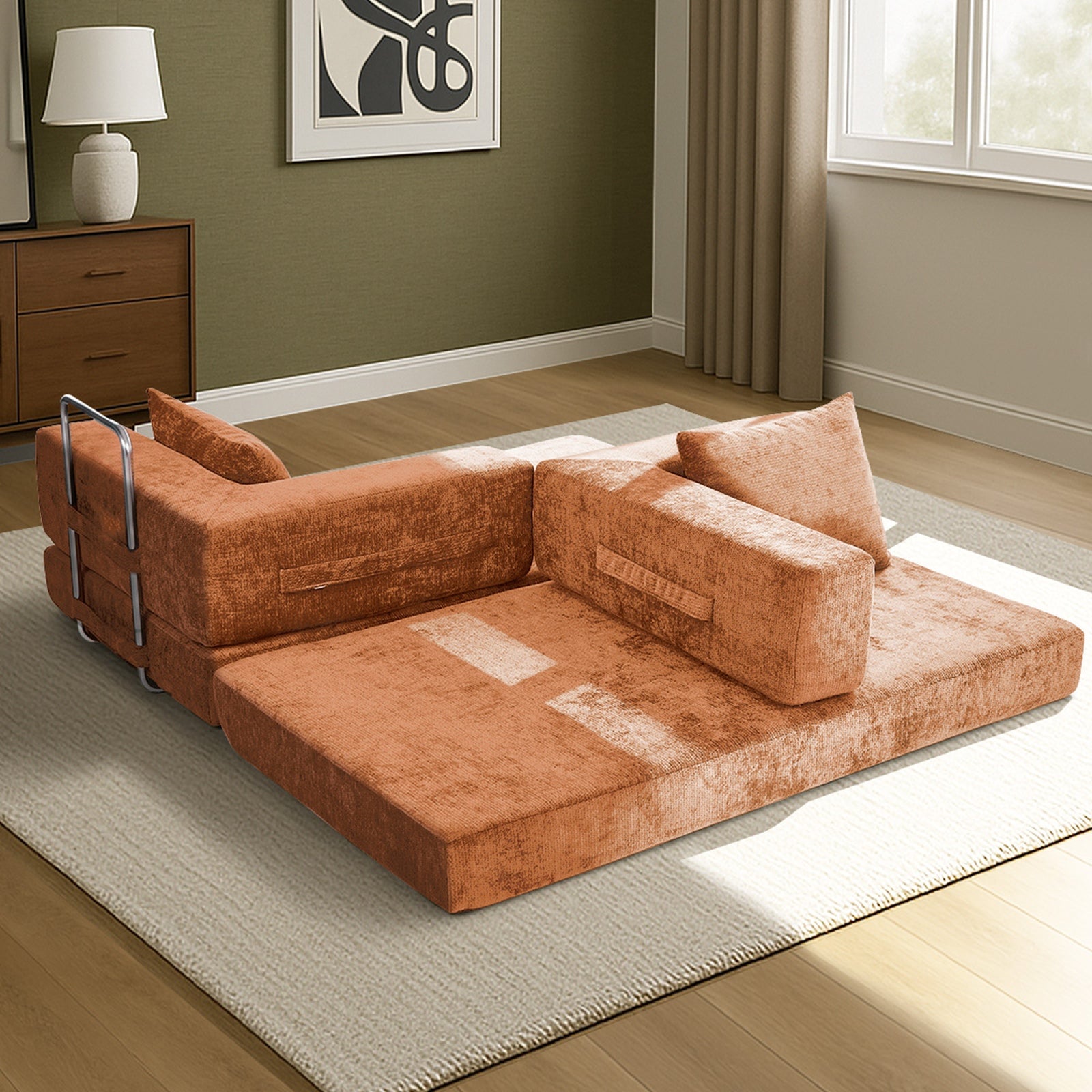 Oikiture Convertible Modular Sofa Bed Chenille Floor Sleeper Couch Burnt Orange