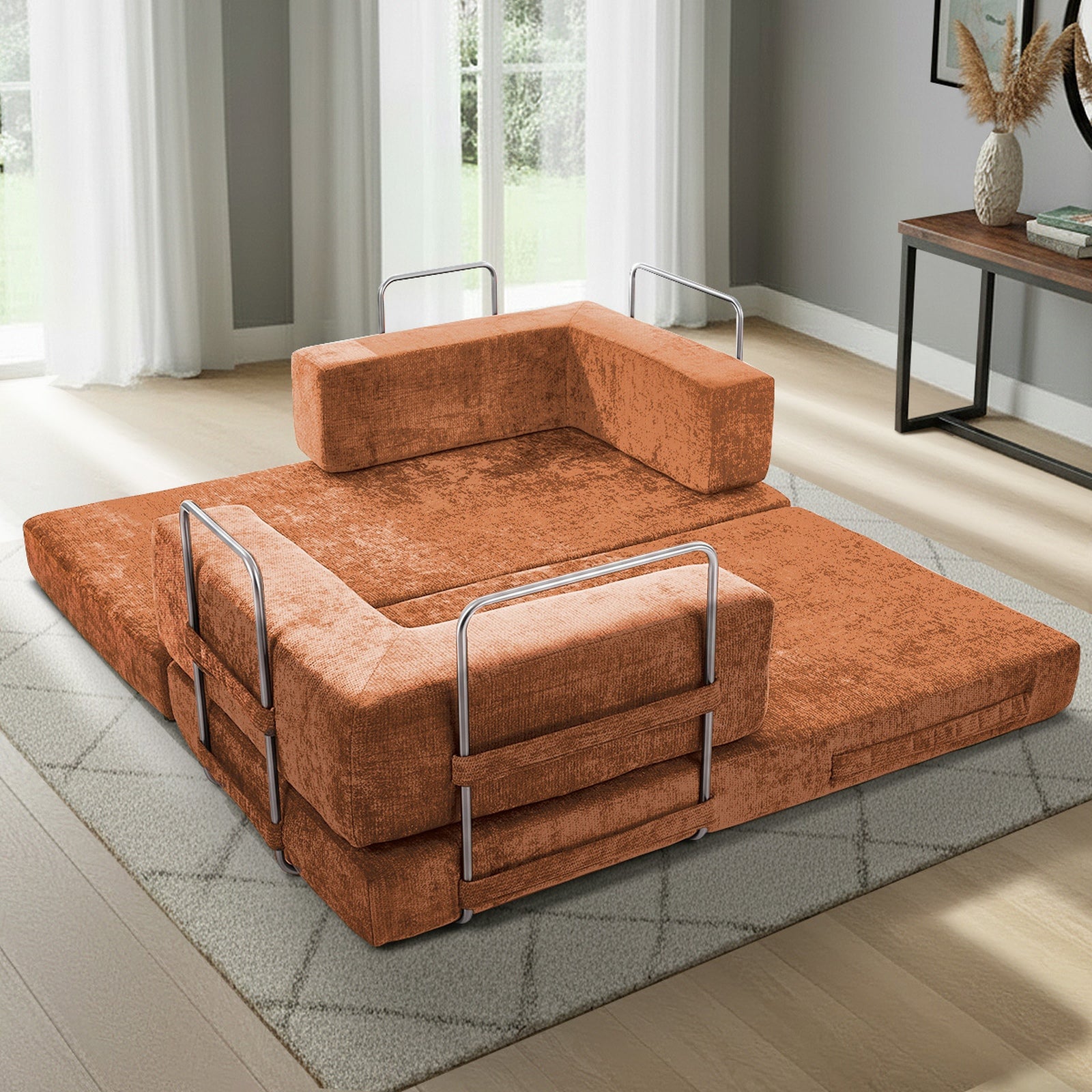 Oikiture Convertible Modular Sofa Bed Chenille Floor Sleeper Couch Burnt Orange