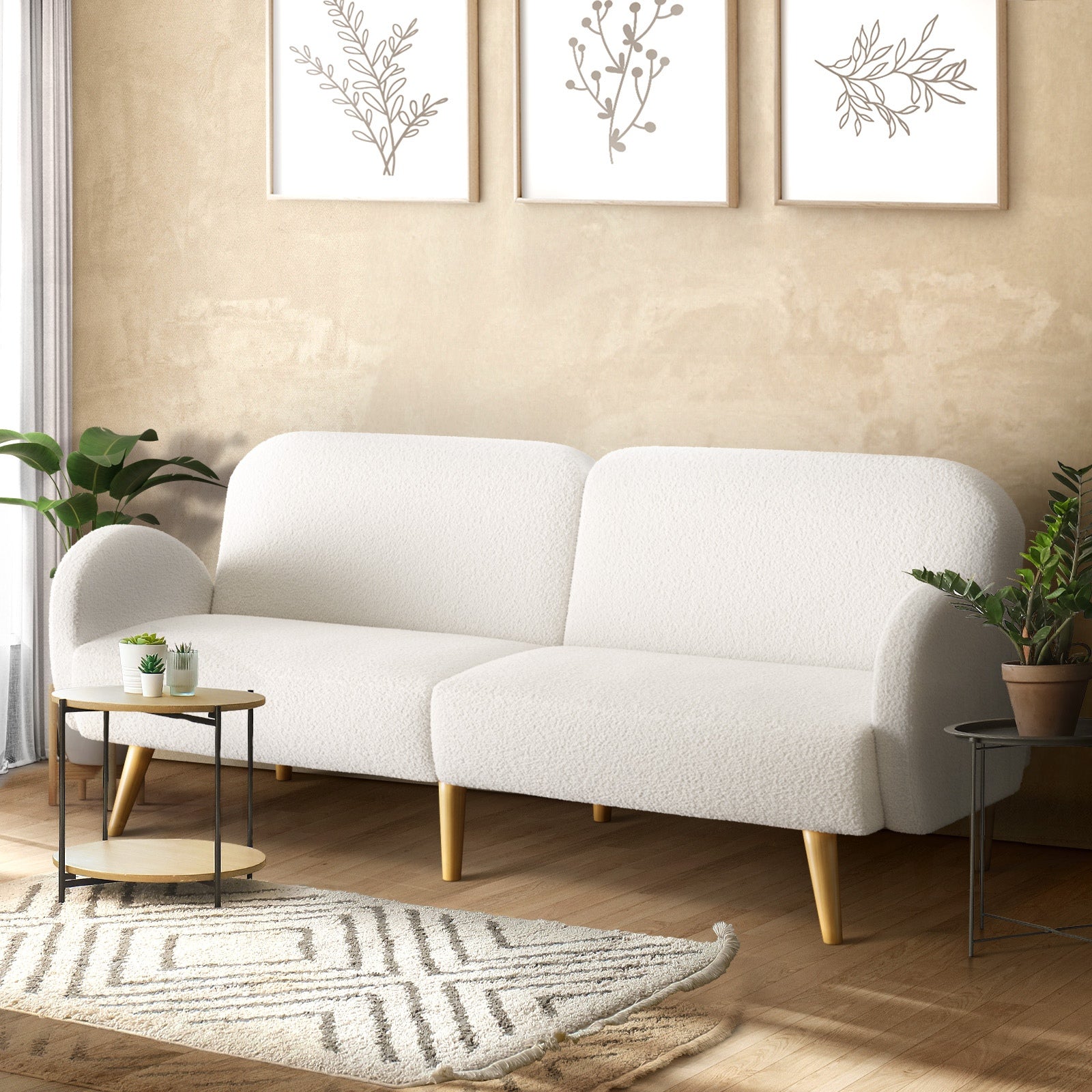 Oikiture Boucle Sofa Bed 3 Seater Recliner Convertible Lounge Couch Sherpa White - Sunyee