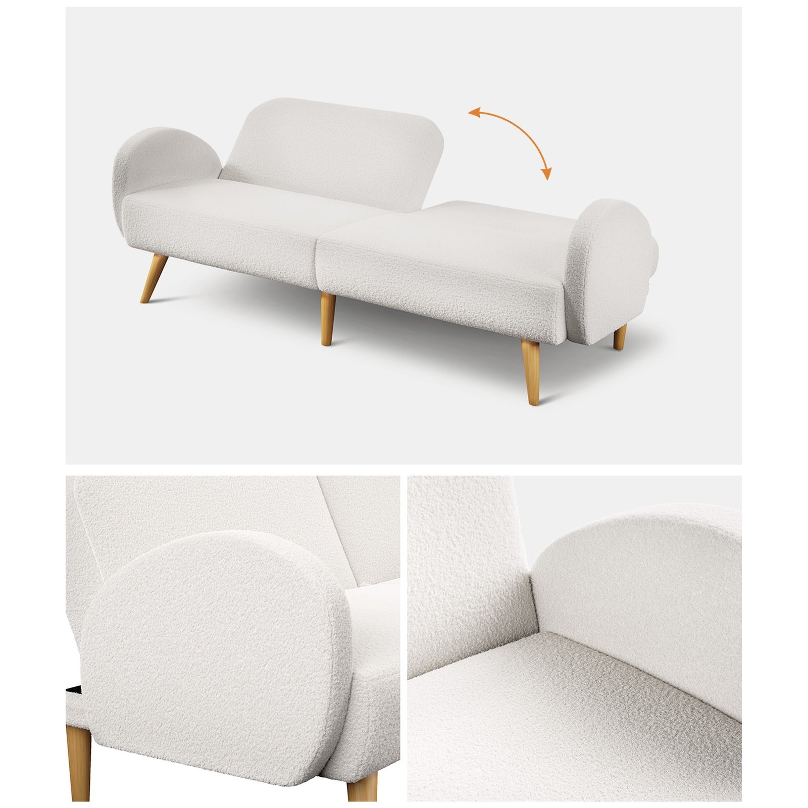 Oikiture Boucle Sofa Bed 3 Seater Recliner Convertible Lounge Couch Sherpa White - Sunyee